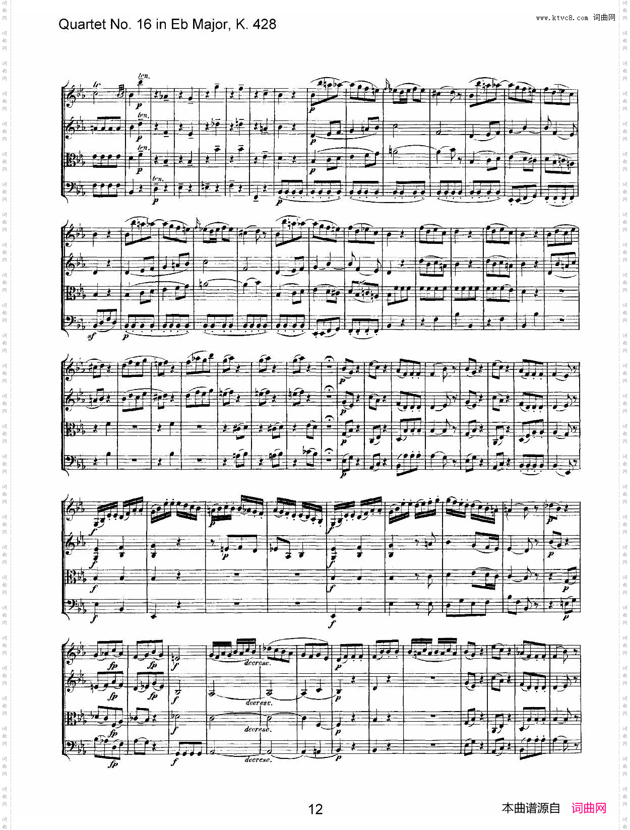 Mozart《Quartet No·16 in Eb Major,K·428》_总谱