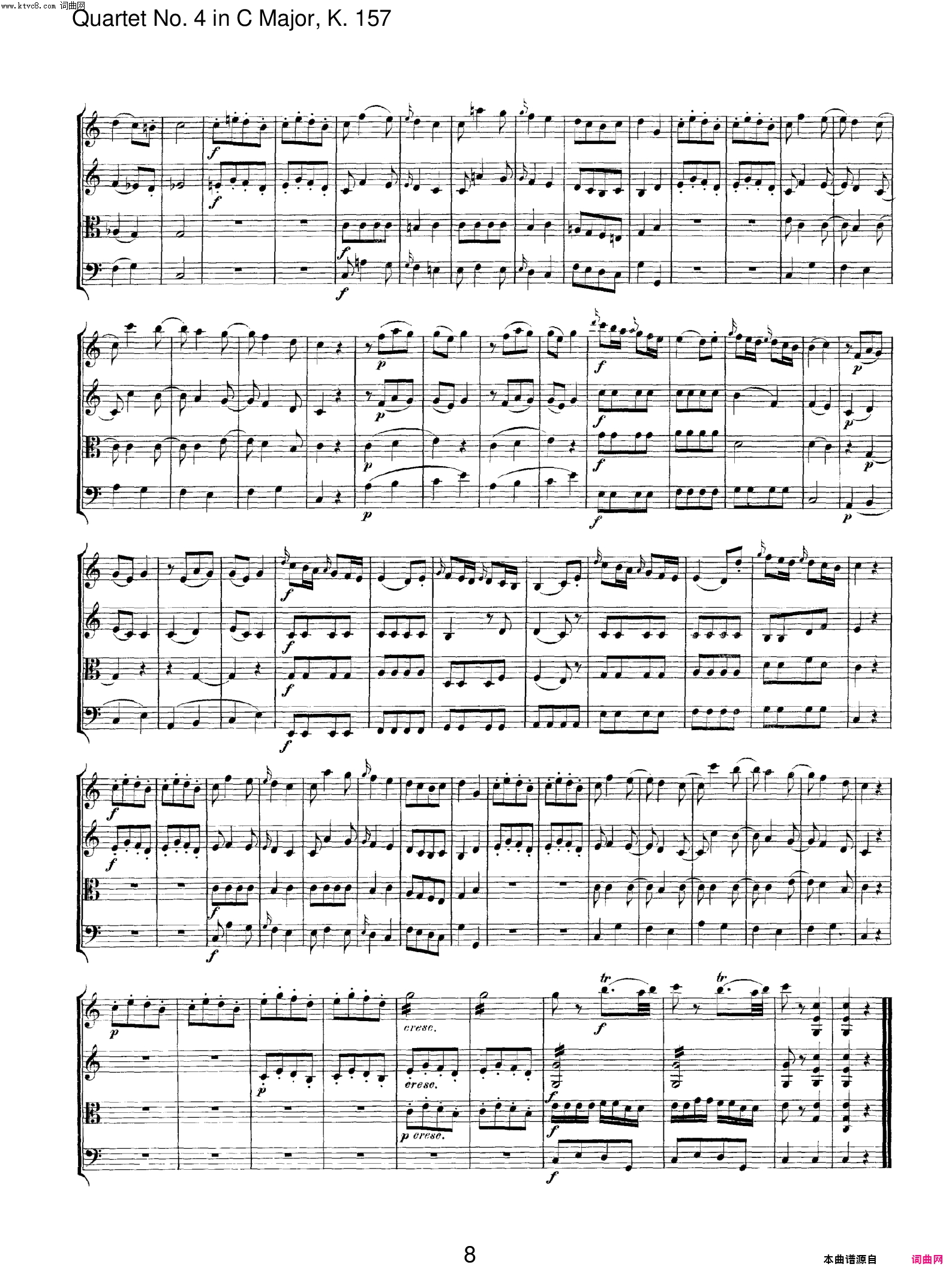 Mozart《Quartet No·4 in C Major,K·157》总谱
