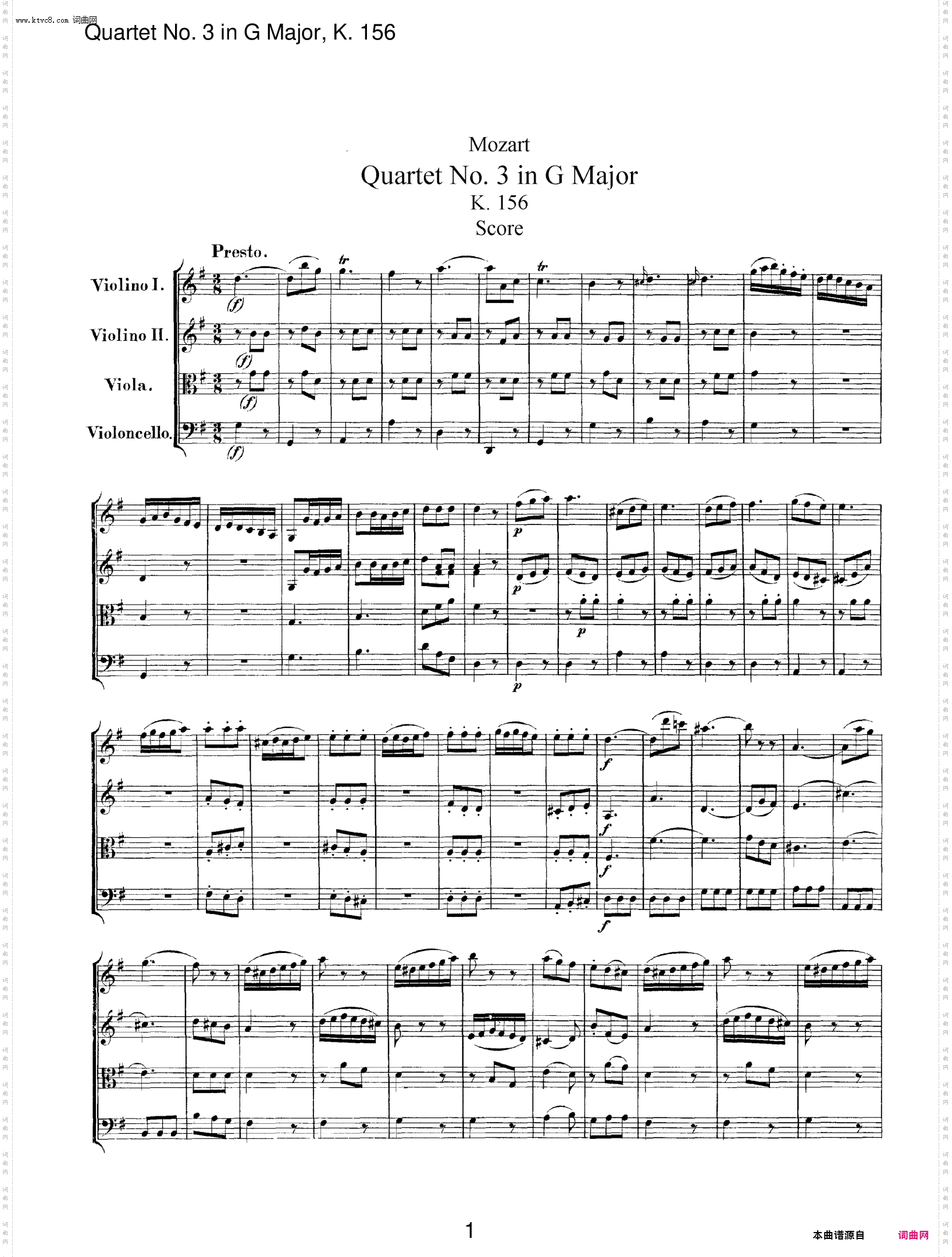 Mozart《Quartet No·3 in G Major,K·156》总谱