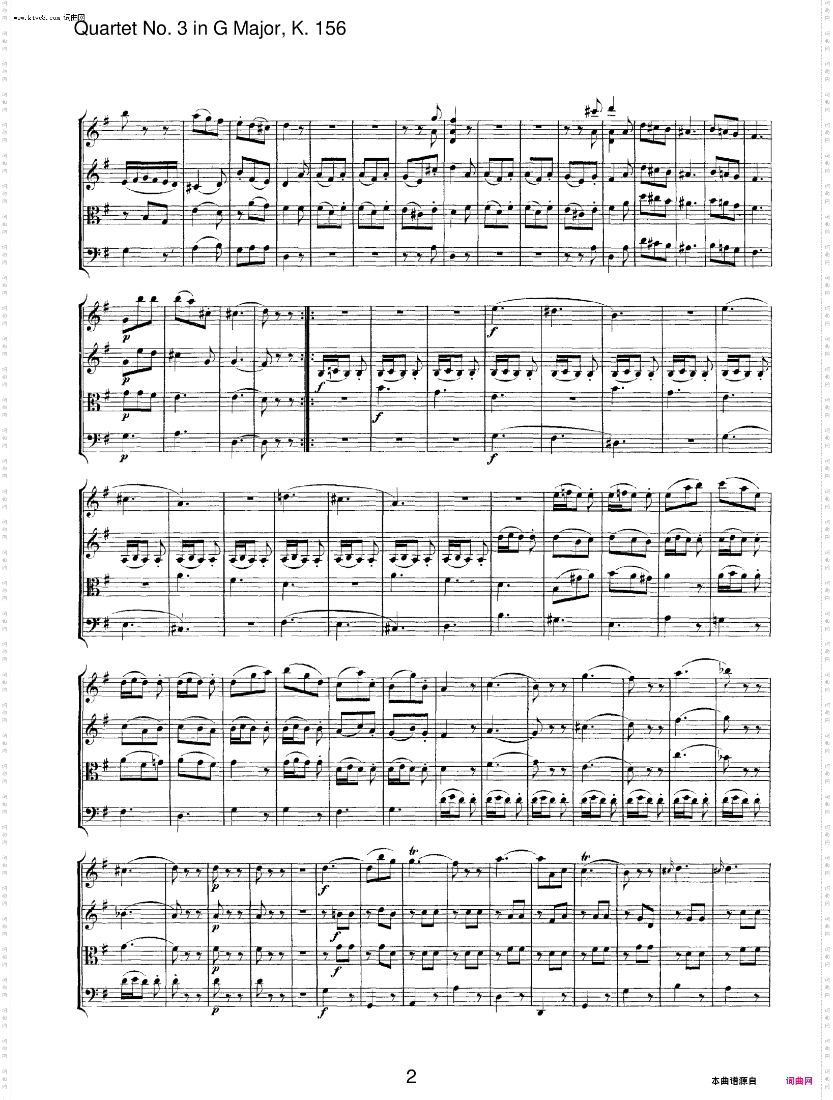 Mozart《Quartet No·3 in G Major,K·156》总谱