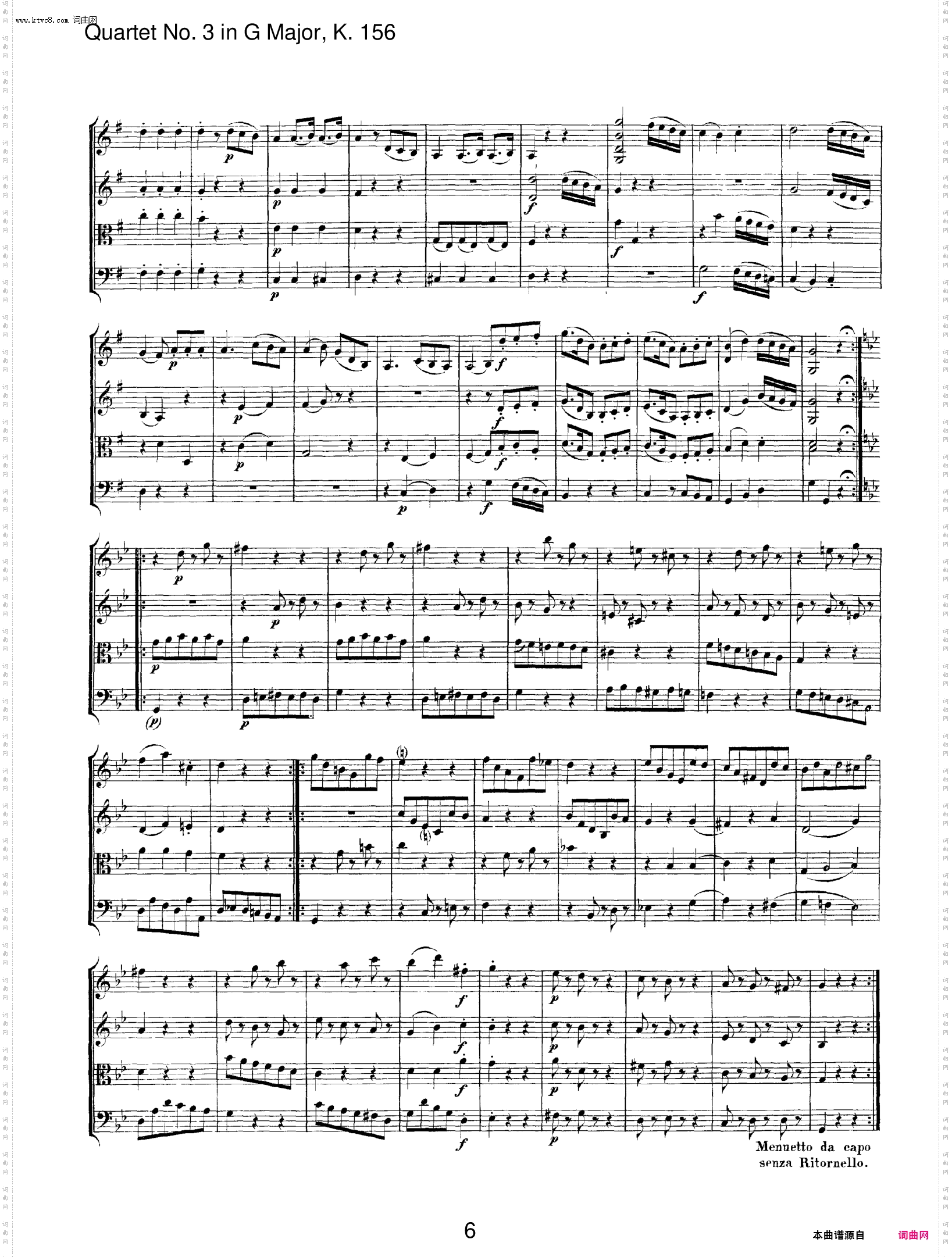 Mozart《Quartet No·3 in G Major,K·156》总谱