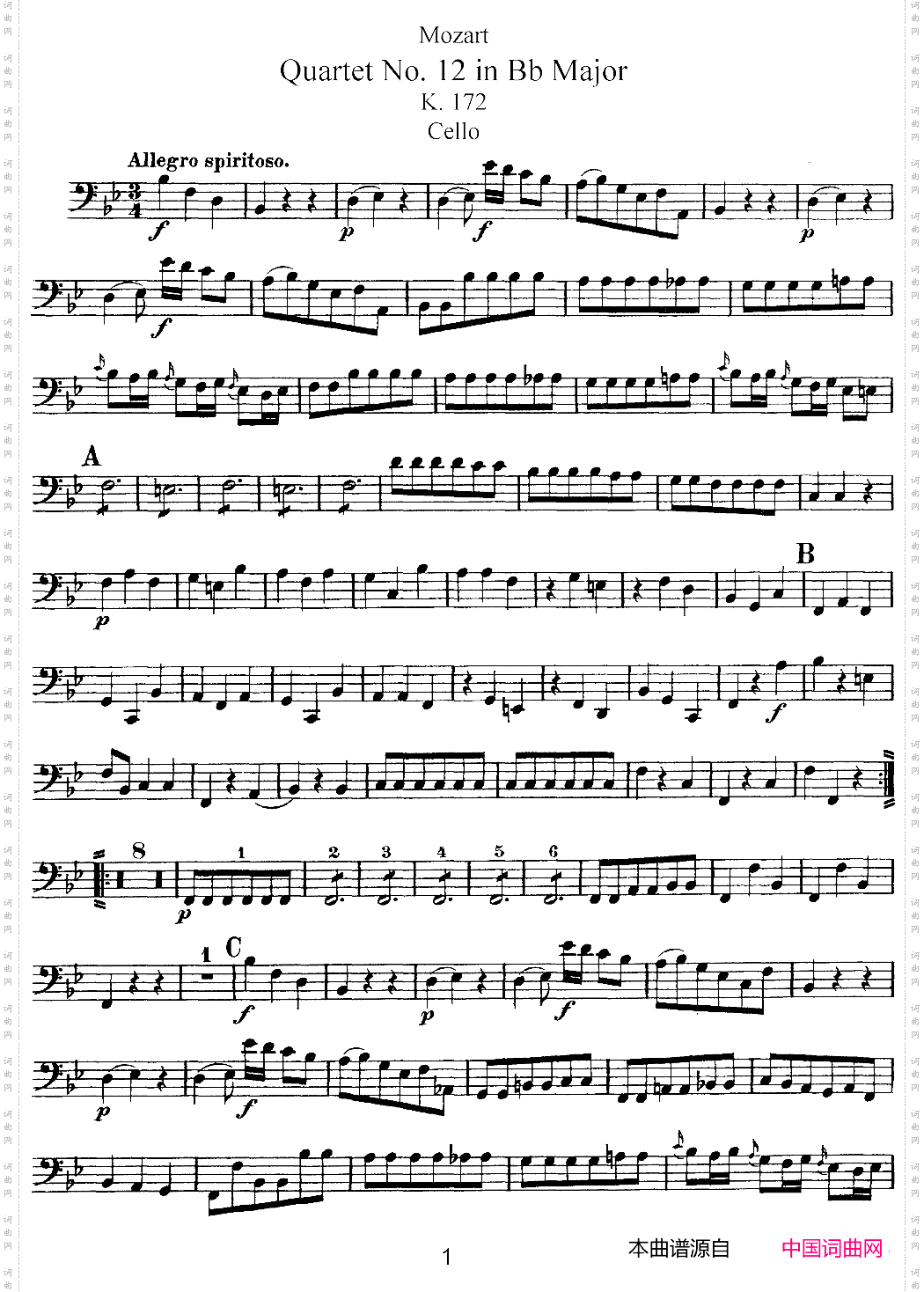 Mozart《QuartetNo·12inBbMajor,K·172》_Cello分谱