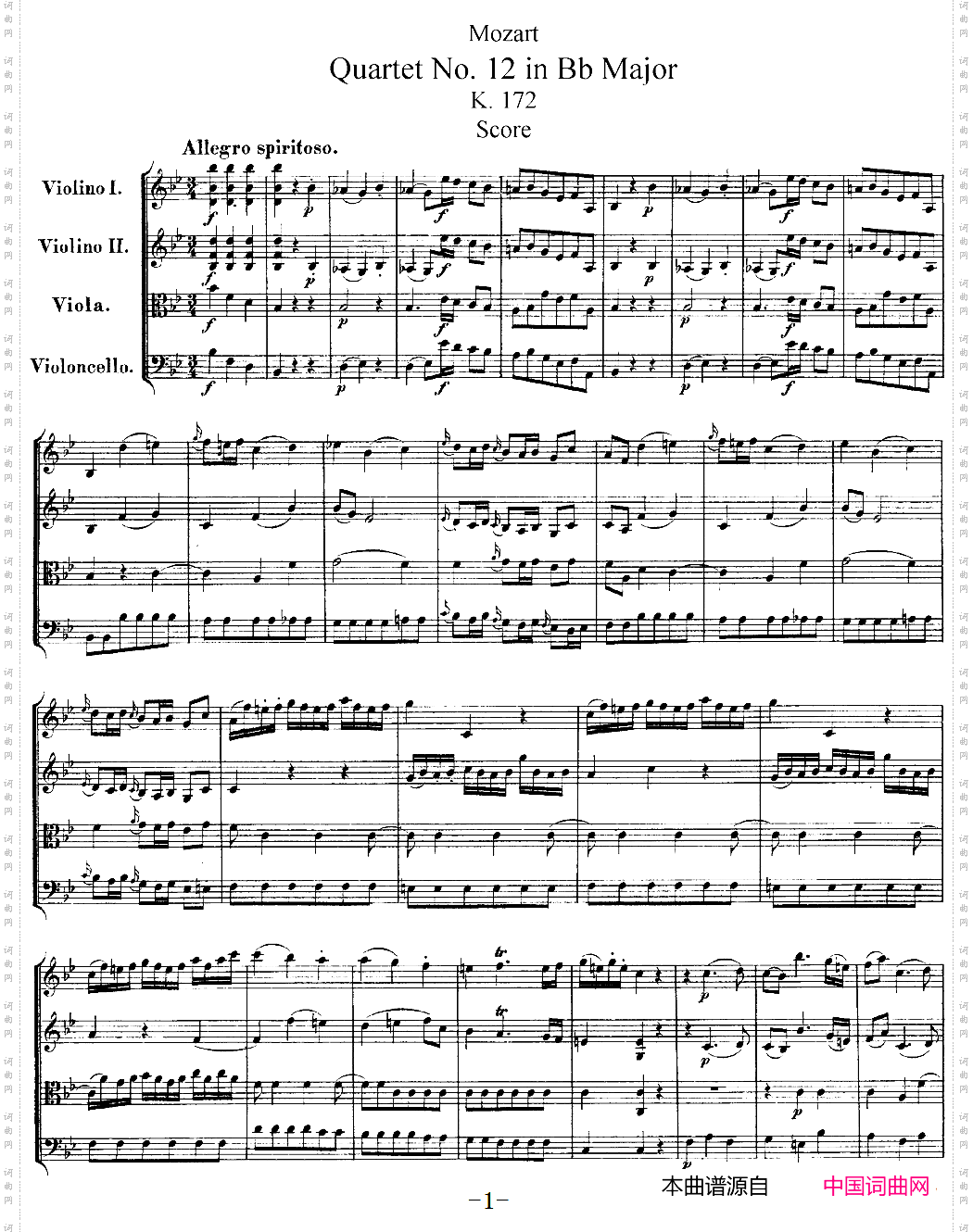 Mozart《QuartetNo·12inBbMajor,K·172》_总谱