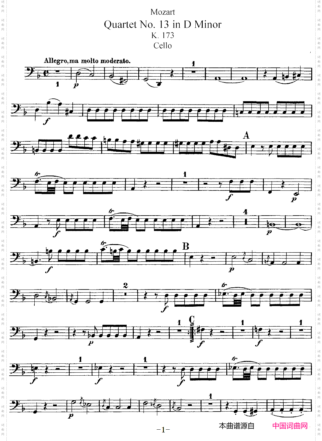 Mozart《QuartetNo·13inDMinor,K·173》_Cello分谱