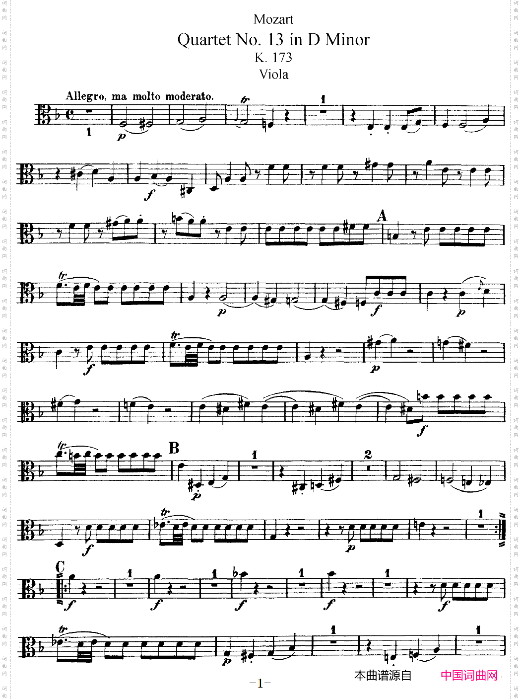 Mozart《QuartetNo·13inDMinor,K·173》_Viola分谱