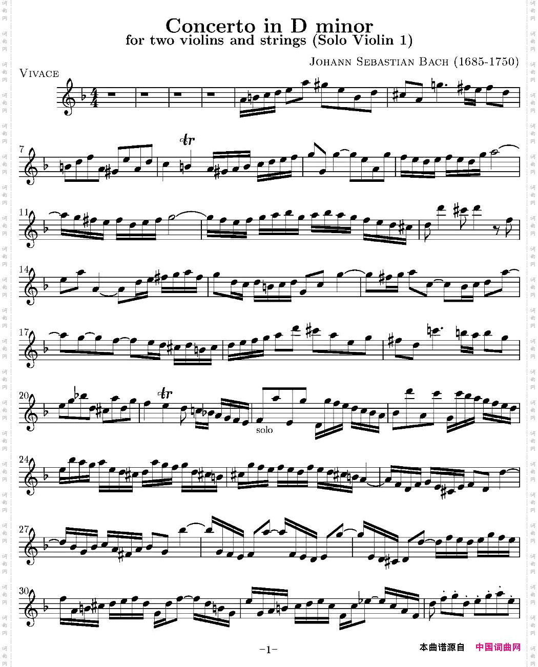 ConcertoinDminSoloViolin1分谱_Concerto in D minSolo Violin 1分谱