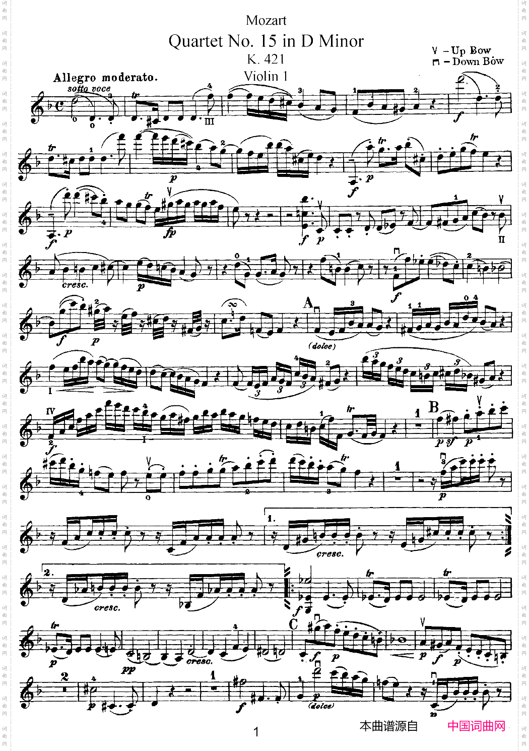 Mozart《Quartet No·15 in D Minor,K·421》_Violin 1分谱
