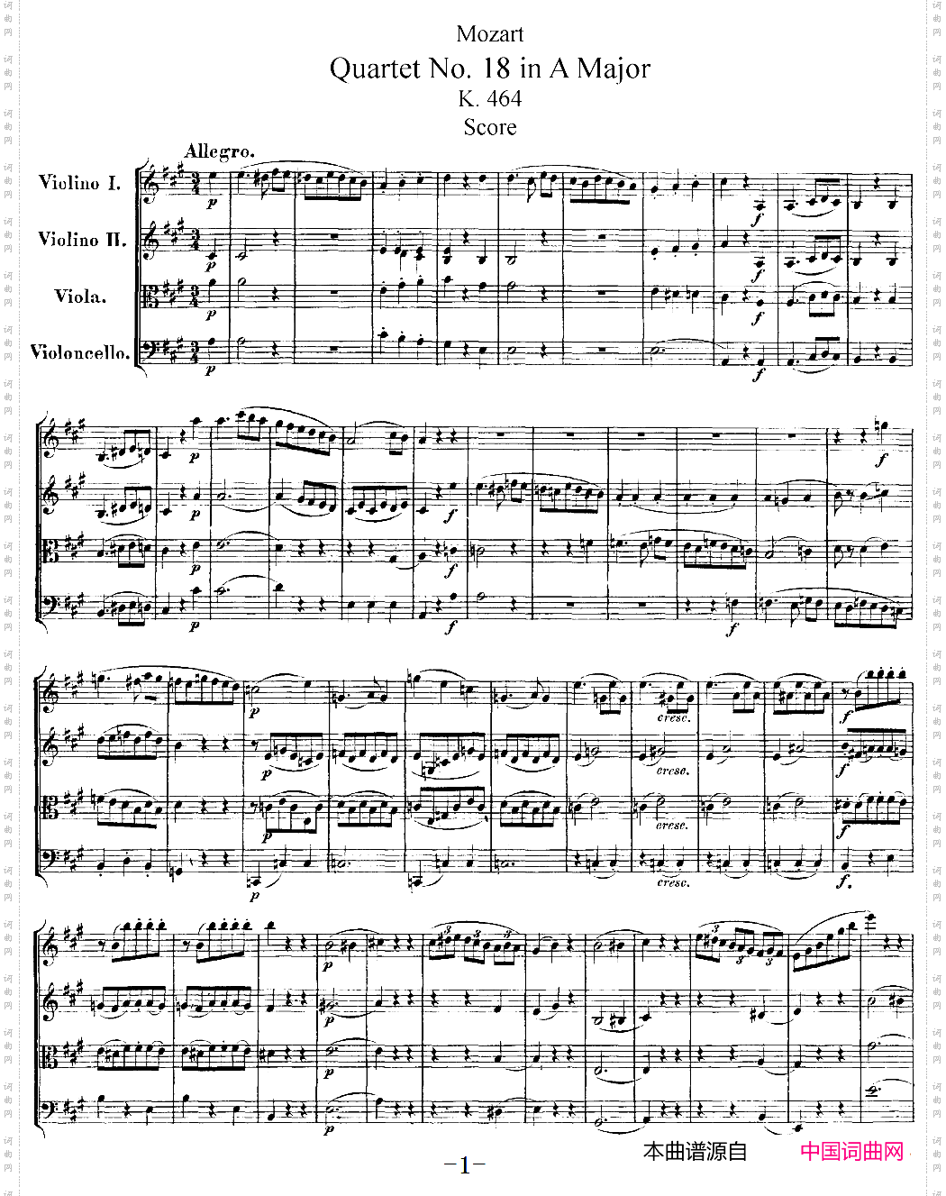 Mozart《QuartetNo·18inAMajor,K·464》_总谱