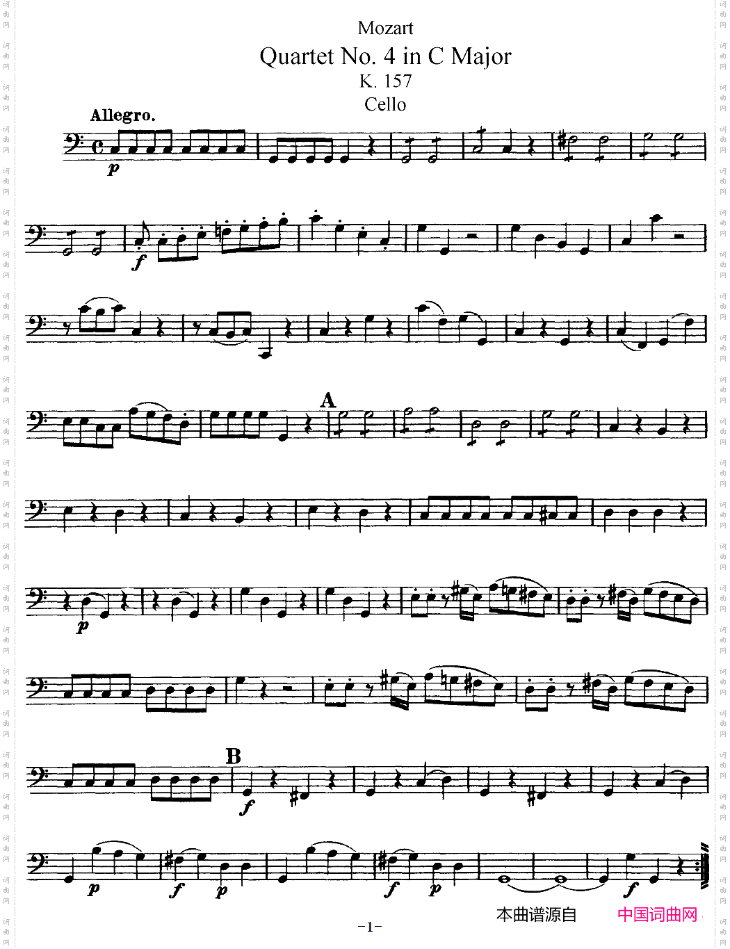 Mozart《Quartet No·4 in C Major,K·157》Cello分谱