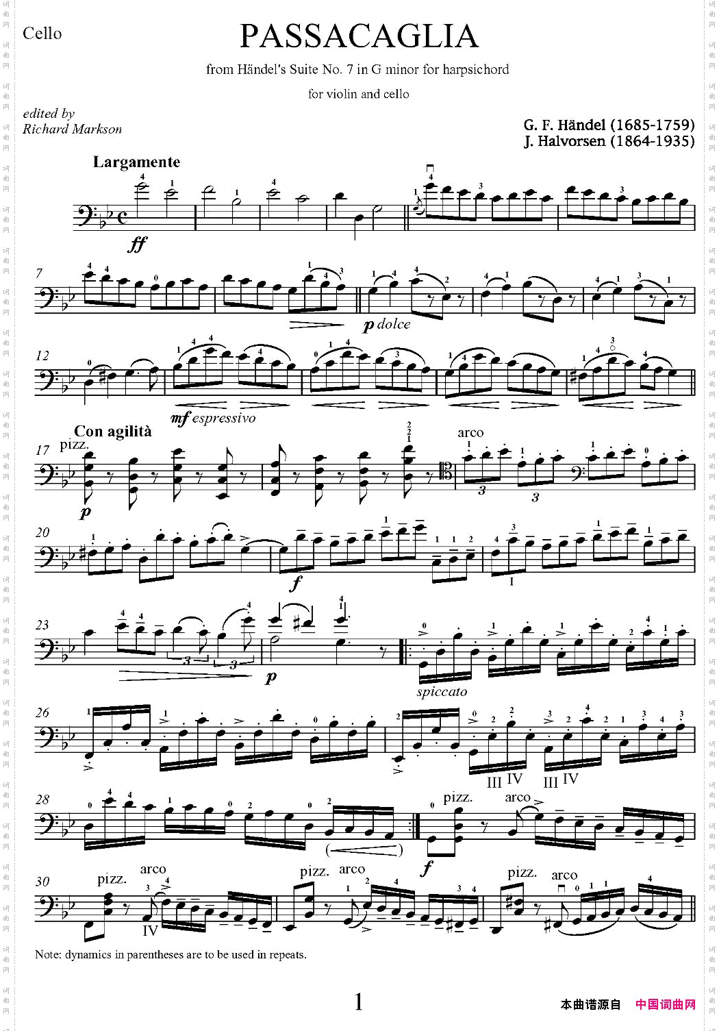 Passacaglia帕萨卡利亚舞曲、大提琴分谱