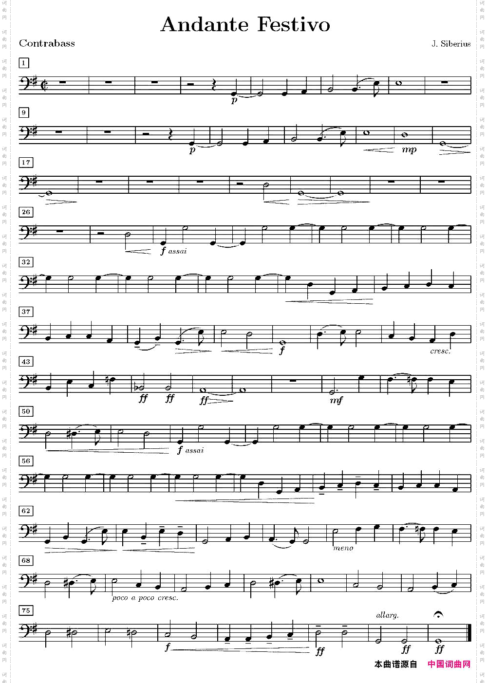 AndanteFestivo活泼的行板、低音大提琴分谱_Andante Festivo活泼的行板、低音大提琴分谱