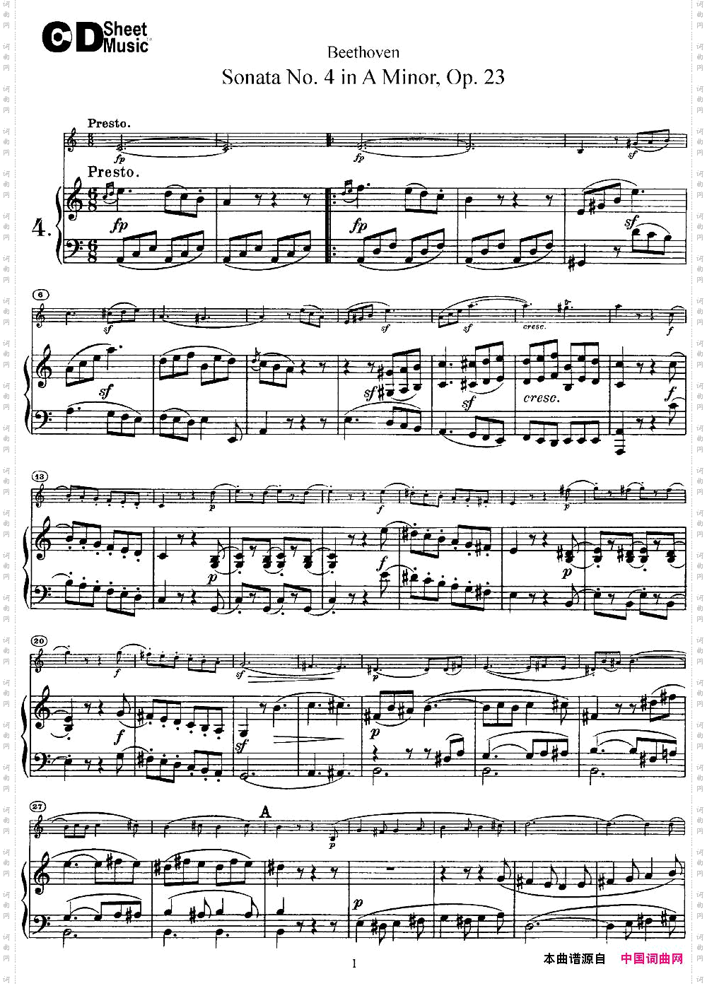 ViolinSonataNo.4inAMinorOp.23小提琴+钢琴伴奏_Violin Sonata No.4 in A Minor Op.23小提琴+钢琴伴奏