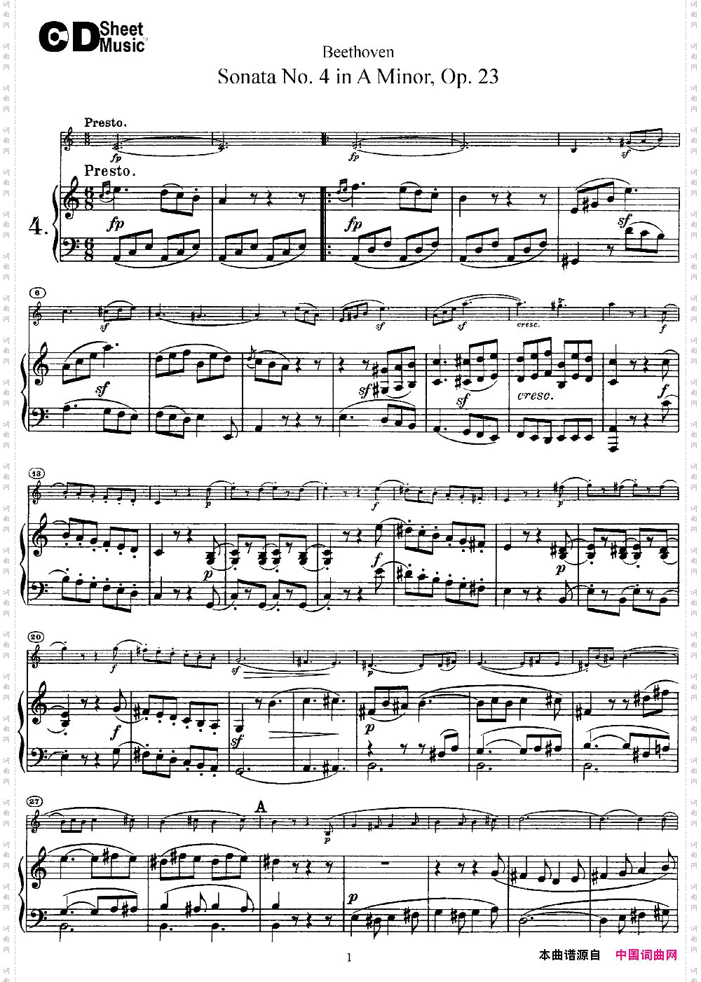 ViolinSonataNo.4inAMinorOp.23小提琴+钢琴伴奏_Violin Sonata No.4 in A Minor Op.23小提琴+钢琴伴奏