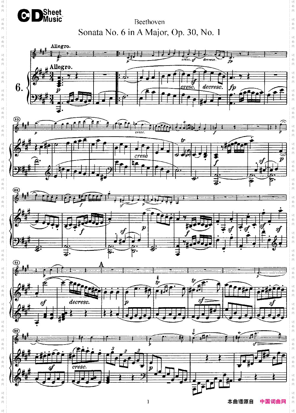 ViolinSonataNo.6inAMajorOp.30No.1小提琴+钢琴伴奏_Violin Sonata No.6 in A Major Op.30 No.1小提琴+钢琴伴奏