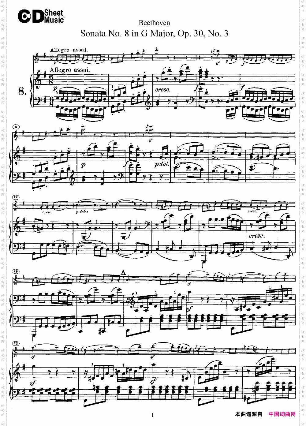 ViolinSonataNo.8inGMajorOp.30No.3小提琴+钢琴伴奏_Violin Sonata No.8 in G Major Op.30 No.3小提琴+钢琴伴奏