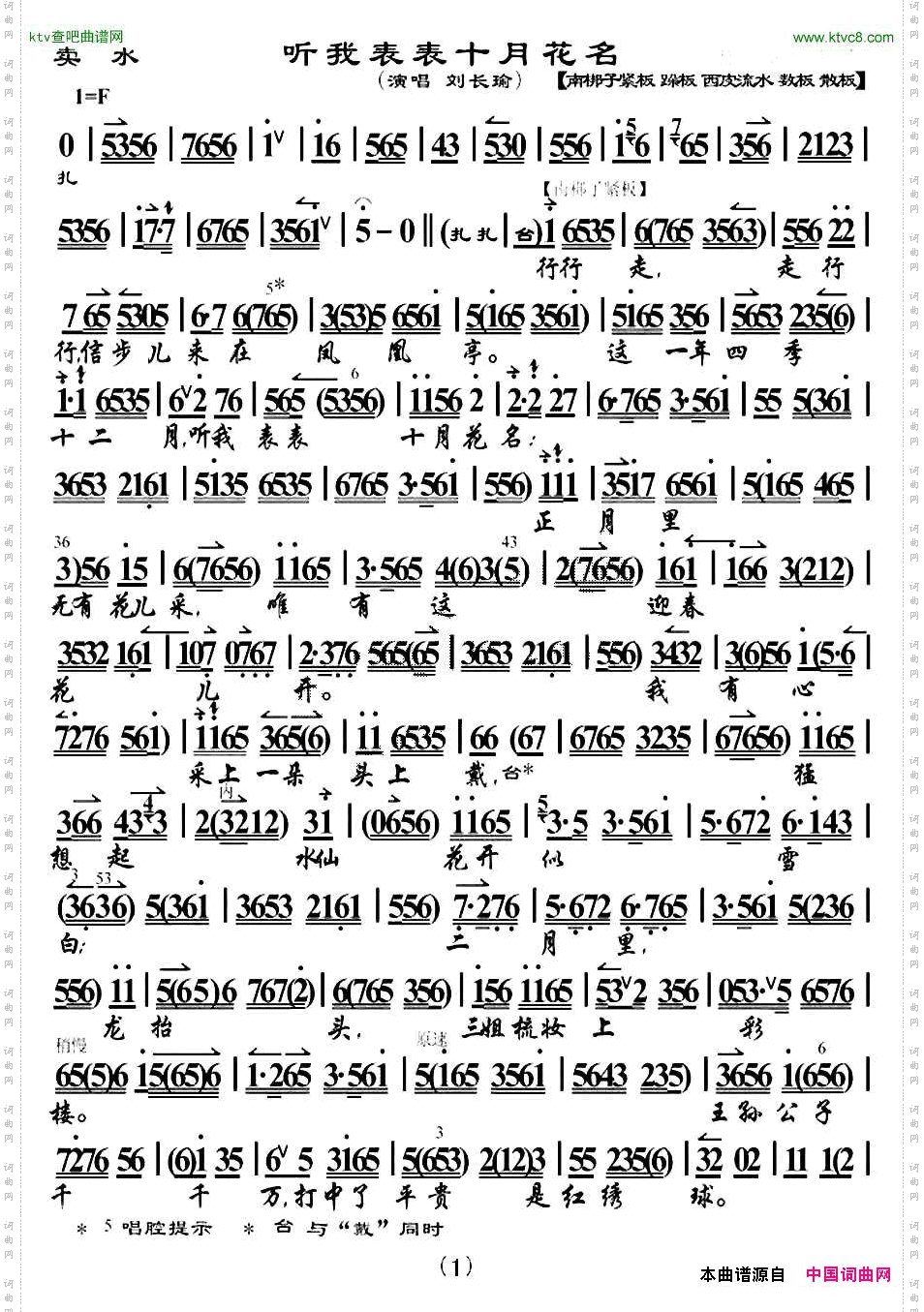 听我表表十月花名《卖水》选段、琴谱