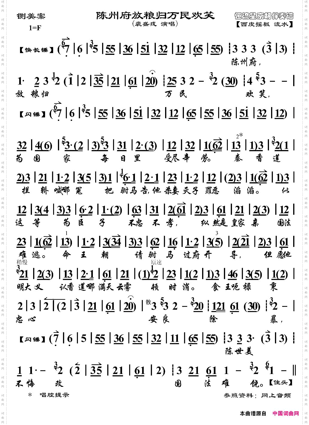 陈州府放粮归万民欢笑《铡美案》选段、琴谱、裘盛戎版