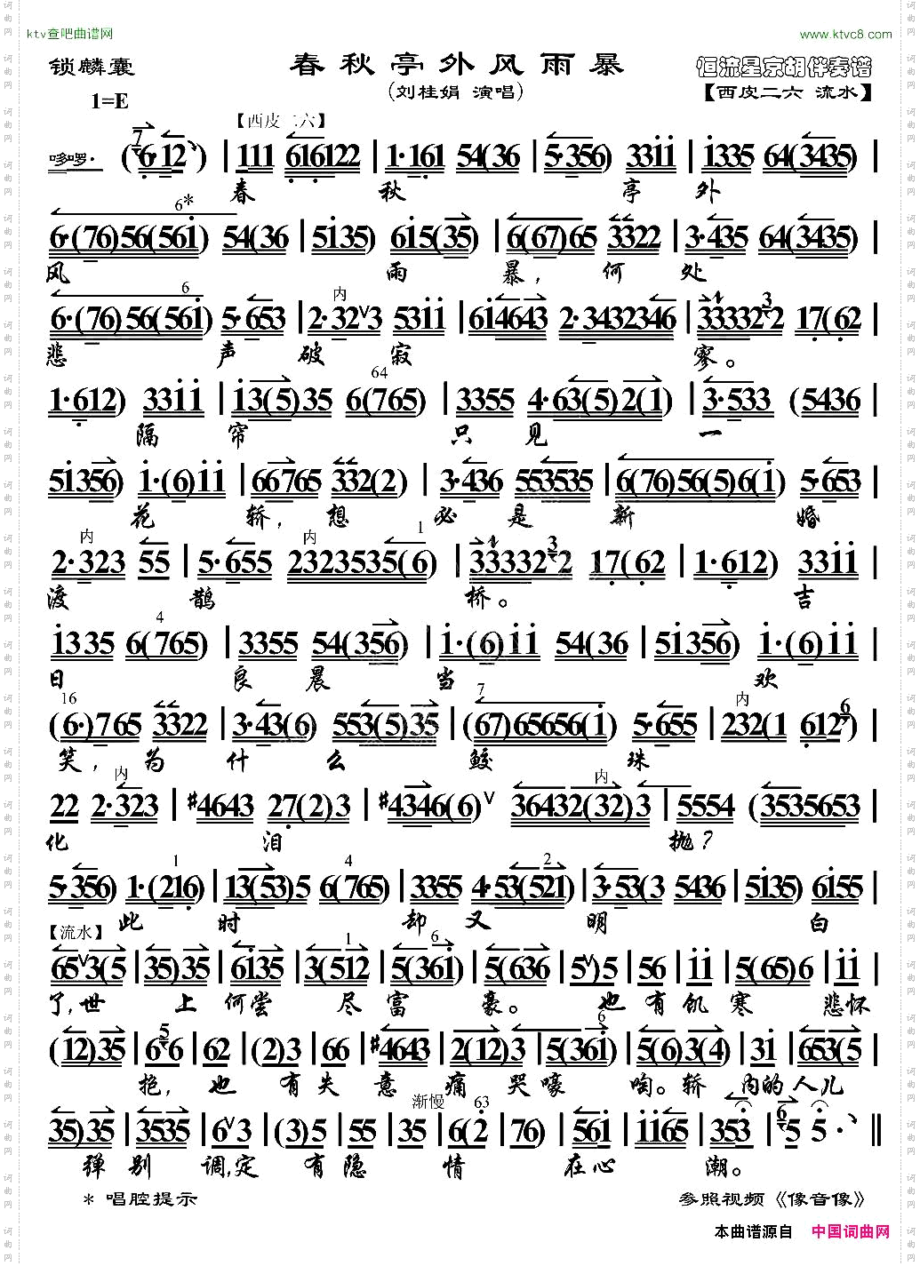 春秋亭外风雨暴_《锁麟囊》选段、京胡伴奏谱