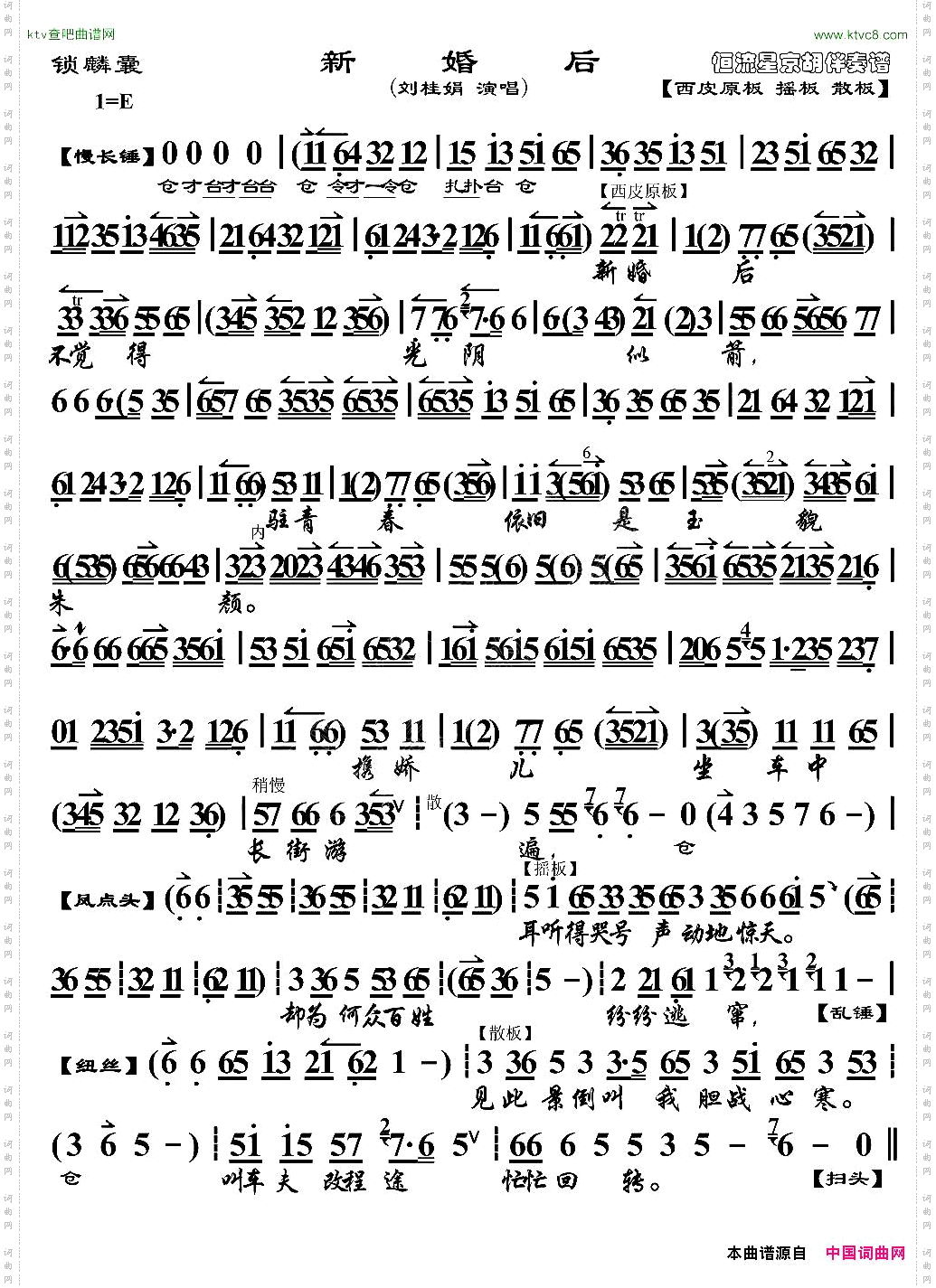 新婚后《锁麟囊》选段、京胡伴奏谱