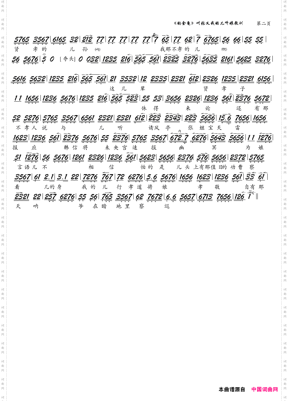 叫张义我的儿听娘教训_京剧《钓金龟》选段,琴谱