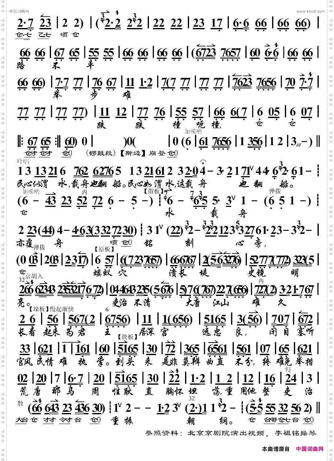 唐天子落荒在长安路上《画龙点睛》选段、琴谱、李祖铭操琴版