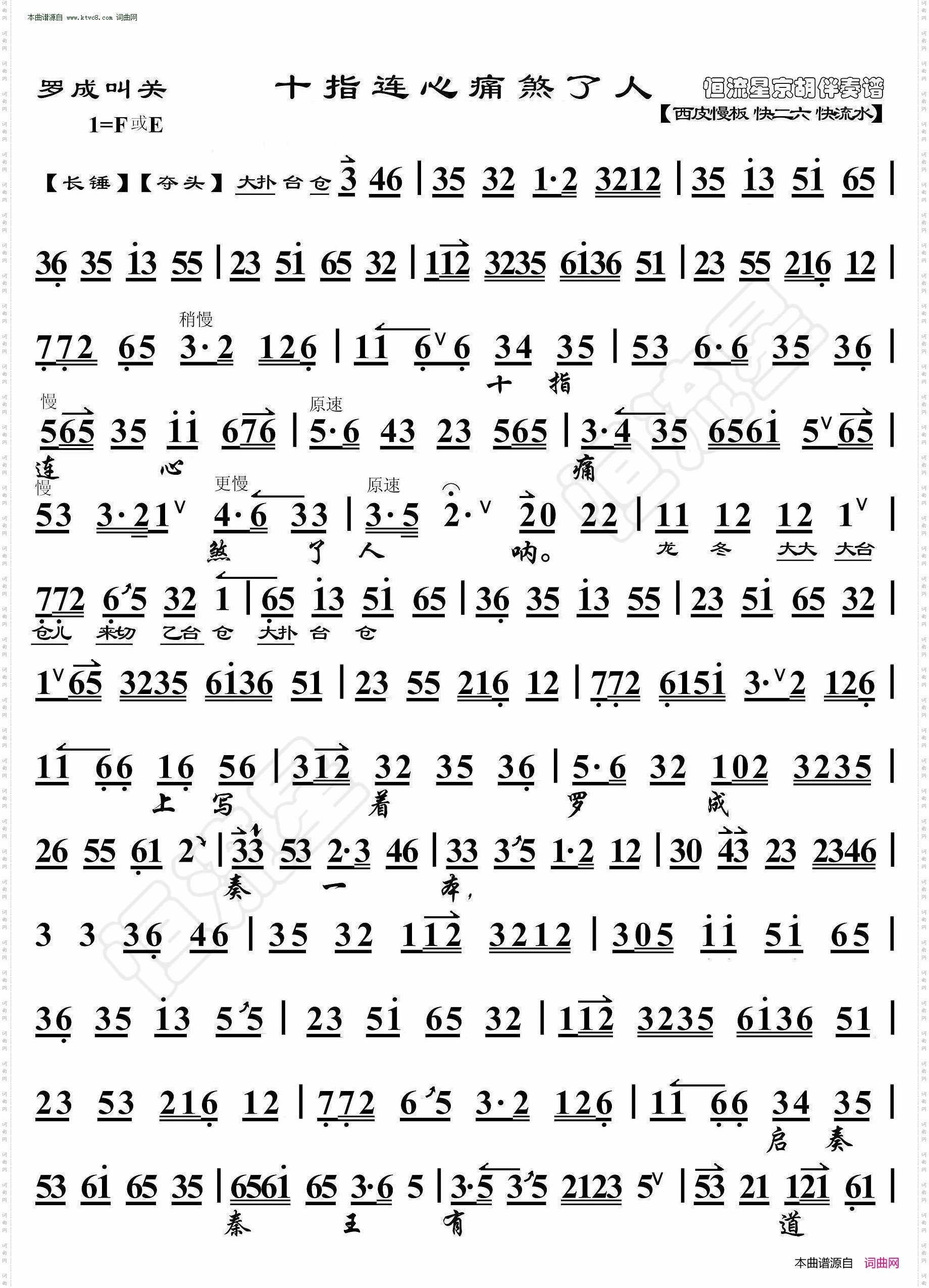 罗成叫关·十指连心疼煞了人_ 京胡伴奏谱 