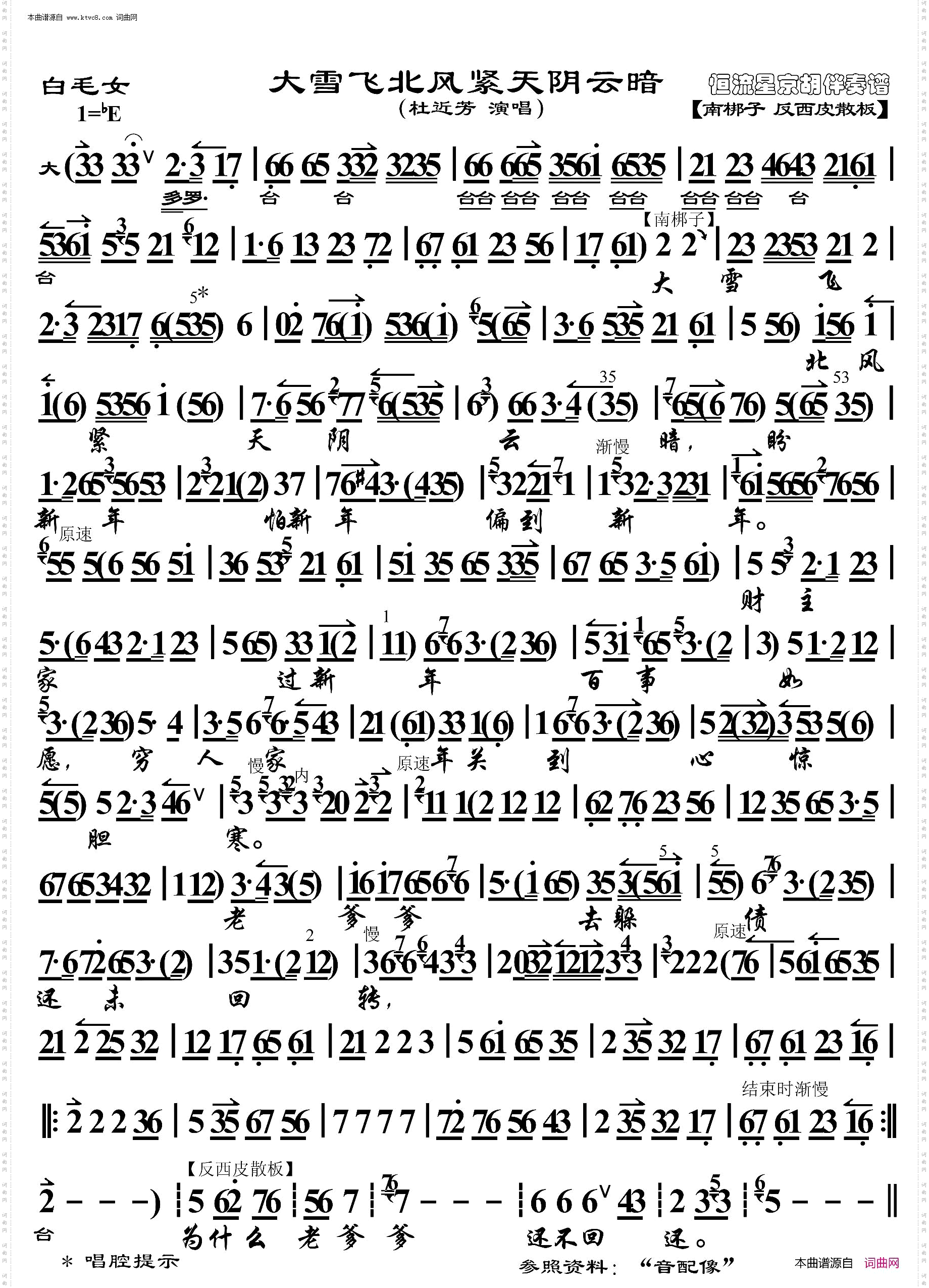 白毛女·大雪飞北风紧天阴云暗_ 京胡伴奏谱
