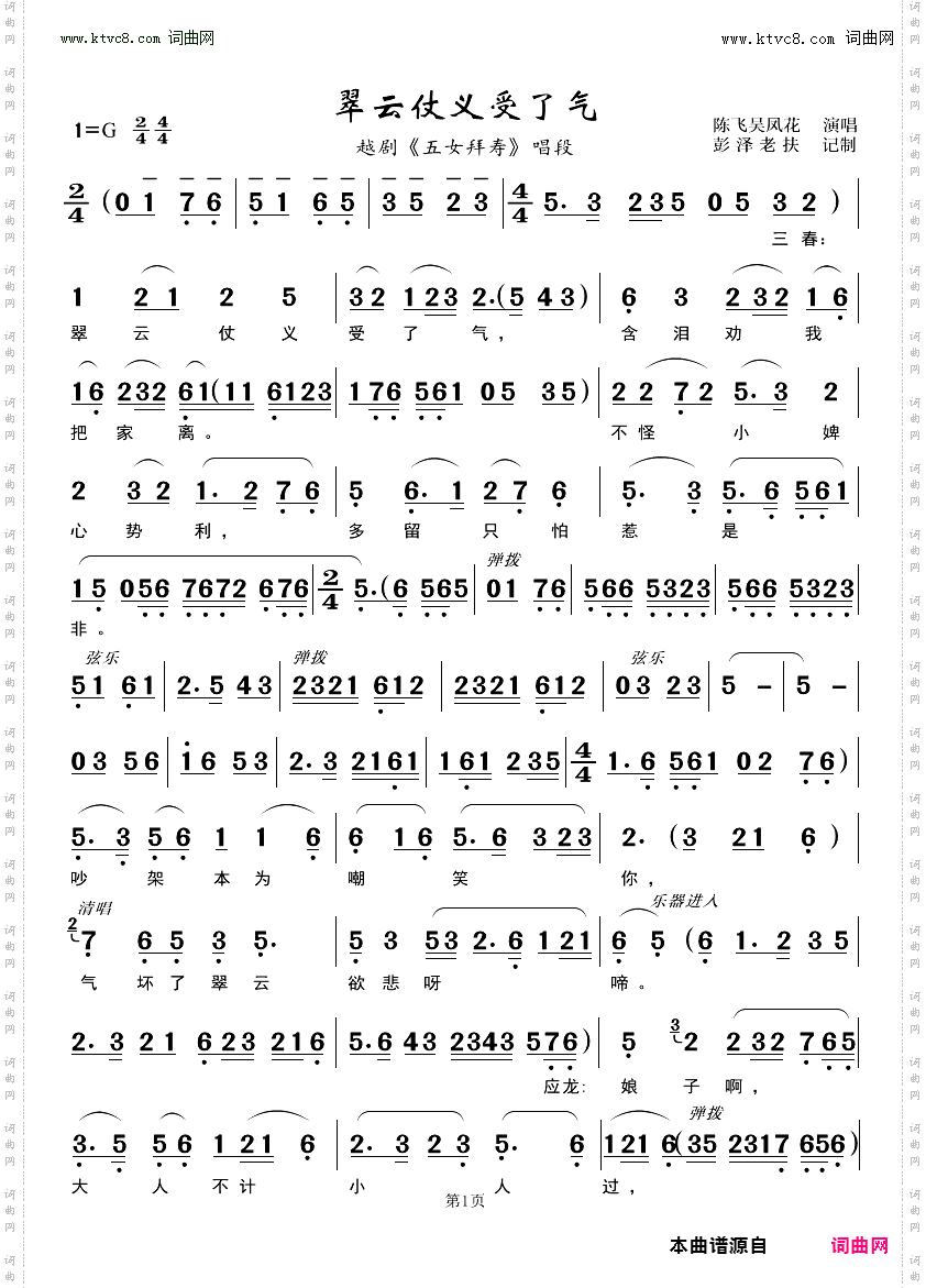 翠云仗义受了气_越剧《五女拜寿》唱段