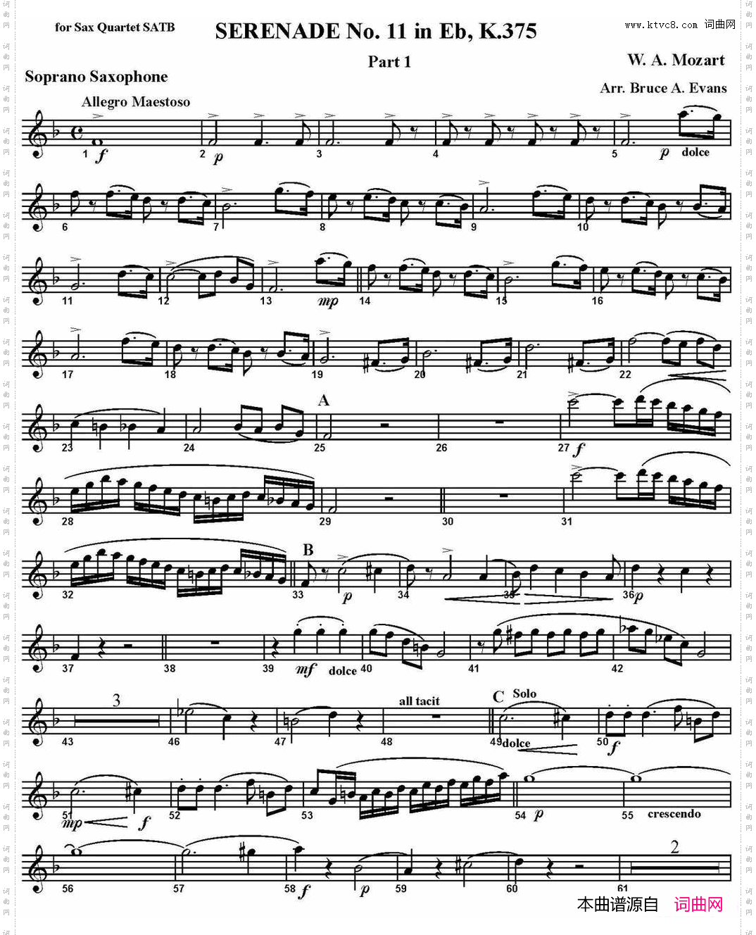 SERENADENo·11inEb,K·375Part1四重奏·高音萨克斯分谱_SERENADE No·11 in Eb,K·375 Part 1四重奏·高音萨克斯分谱