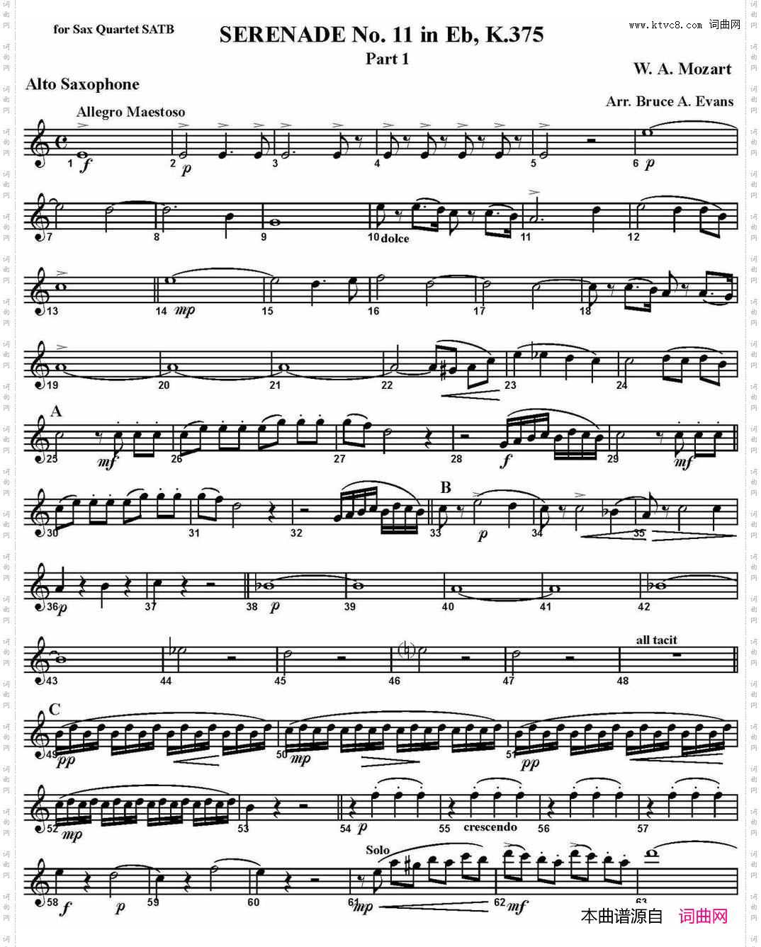 SERENADENo·11inEb，K·375Part1四重奏·中音萨克斯分谱_SERENADE No·11 in Eb，K·375 Part 1四重奏·中音萨克斯分谱
