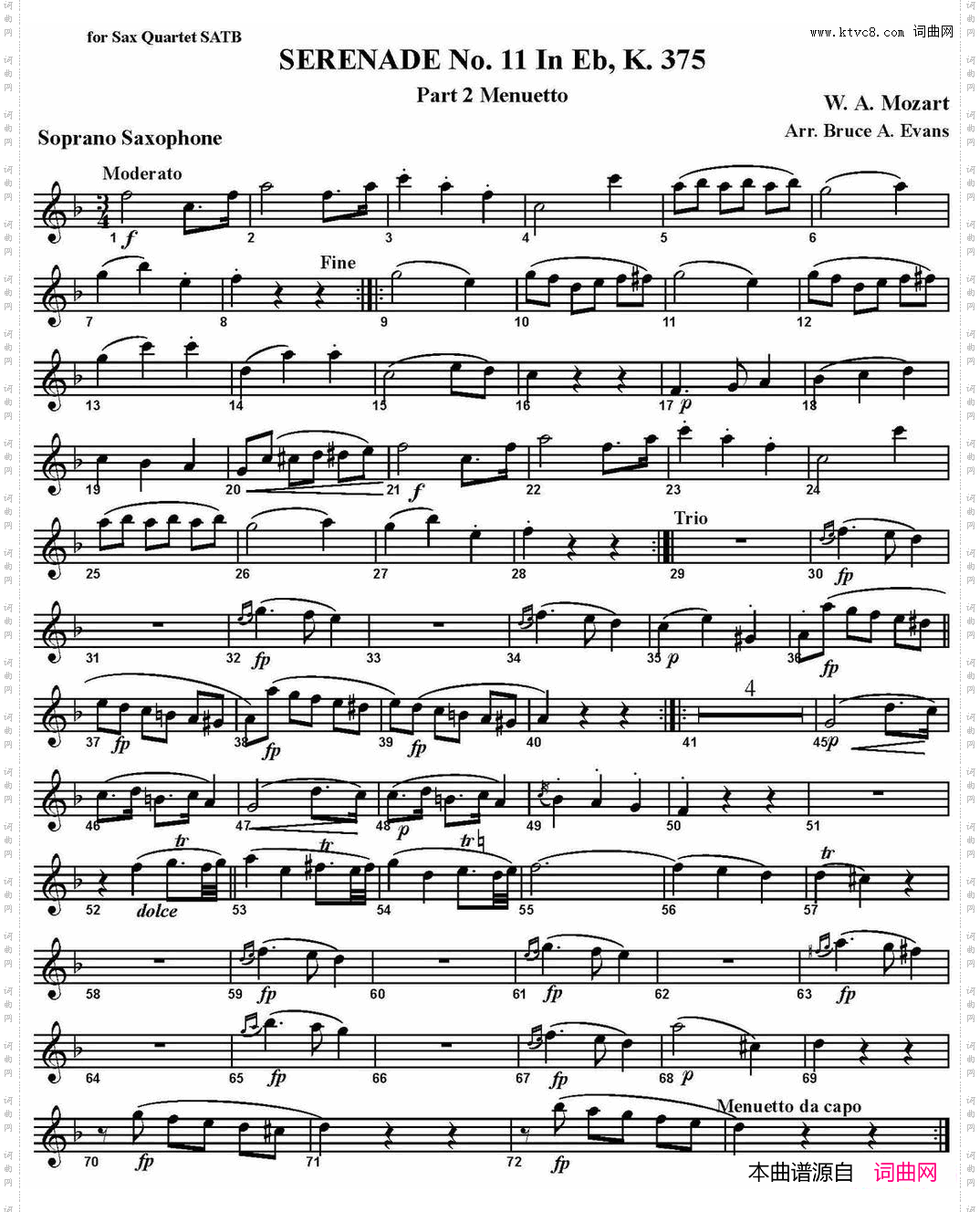 SERENADENo·11inEb，K·375Part2Menuetto四重奏·高音萨克斯分谱_SERENADE No·11 in Eb，K·375 Part 2 Menuetto四重奏·高音萨克斯分谱