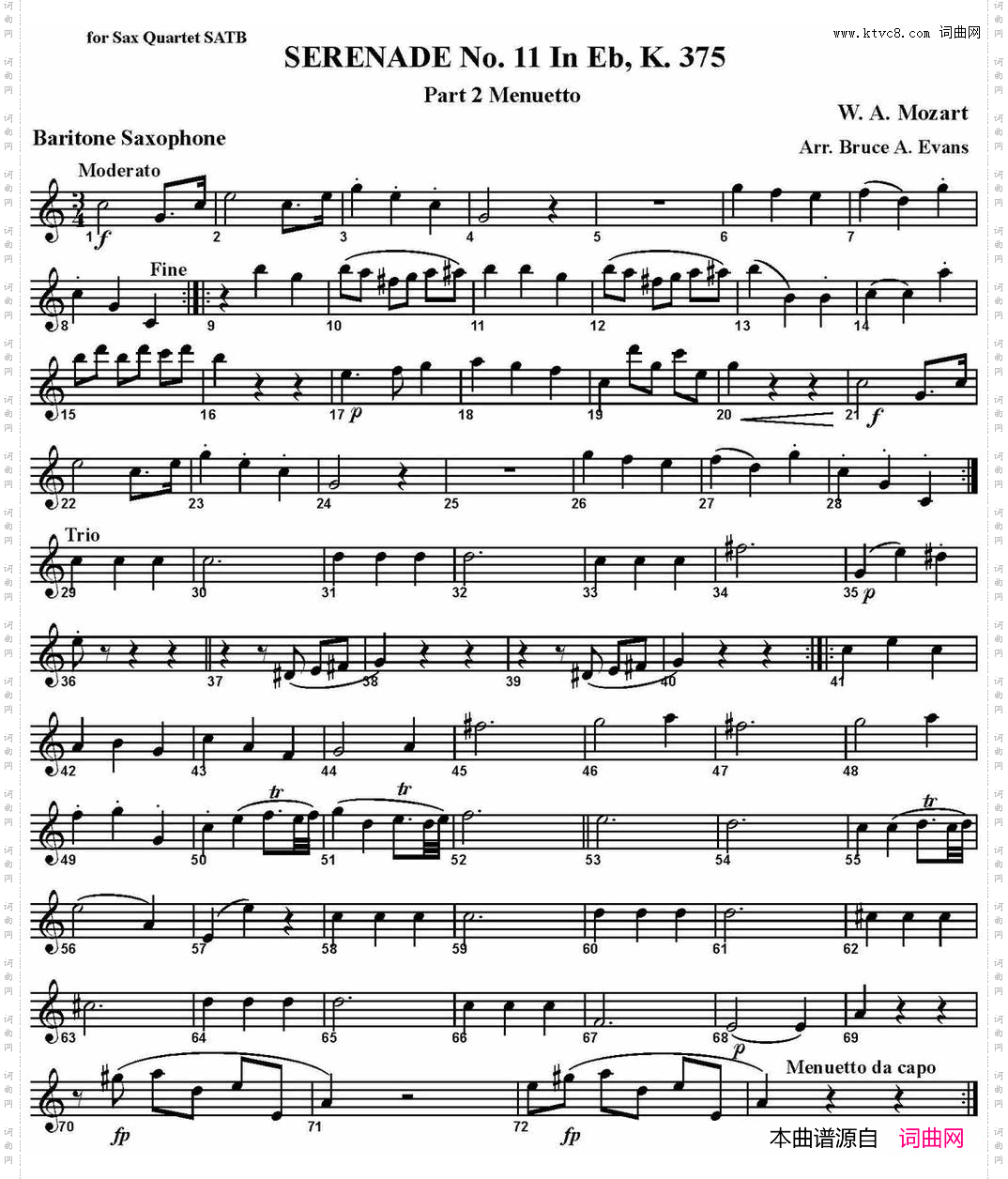 SERENADENo·11inEb，K·375Part2Menuetto四重奏·上低音萨克斯分谱_SERENADE No·11 in Eb，K·375 Part 2 Menuetto四重奏·上低音萨克斯分谱