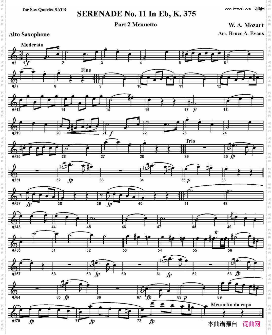 SERENADENo·11inEb，K·375Part2Menuetto四重奏·中音萨克斯分谱_SERENADE No·11 in Eb，K·375 Part 2 Menuetto四重奏·中音萨克斯分谱