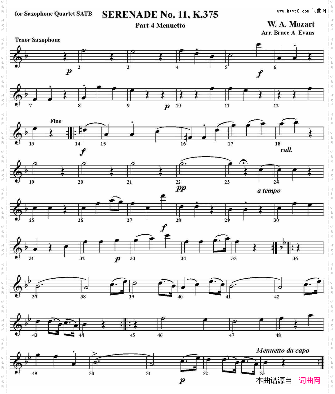 SERENADENo·11，K·375Part4Menuetto四重奏·次中音萨克斯分谱_SERENADE No·11，K·375 Part 4 Menuetto四重奏·次中音萨克斯分谱