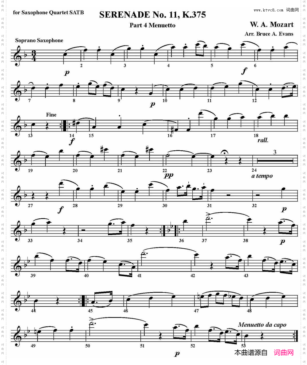 SERENADENo·11，K·375Part4Menuetto四重奏·高音萨克斯分谱_SERENADE No·11，K·375 Part 4 Menuetto四重奏·高音萨克斯分谱