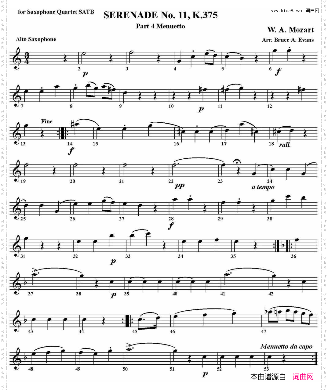 SERENADENo·11,K·375Part4Menuetto四重奏·中音萨克斯分谱_SERENADE No·11,K·375 Part 4 Menuetto四重奏·中音萨克斯分谱