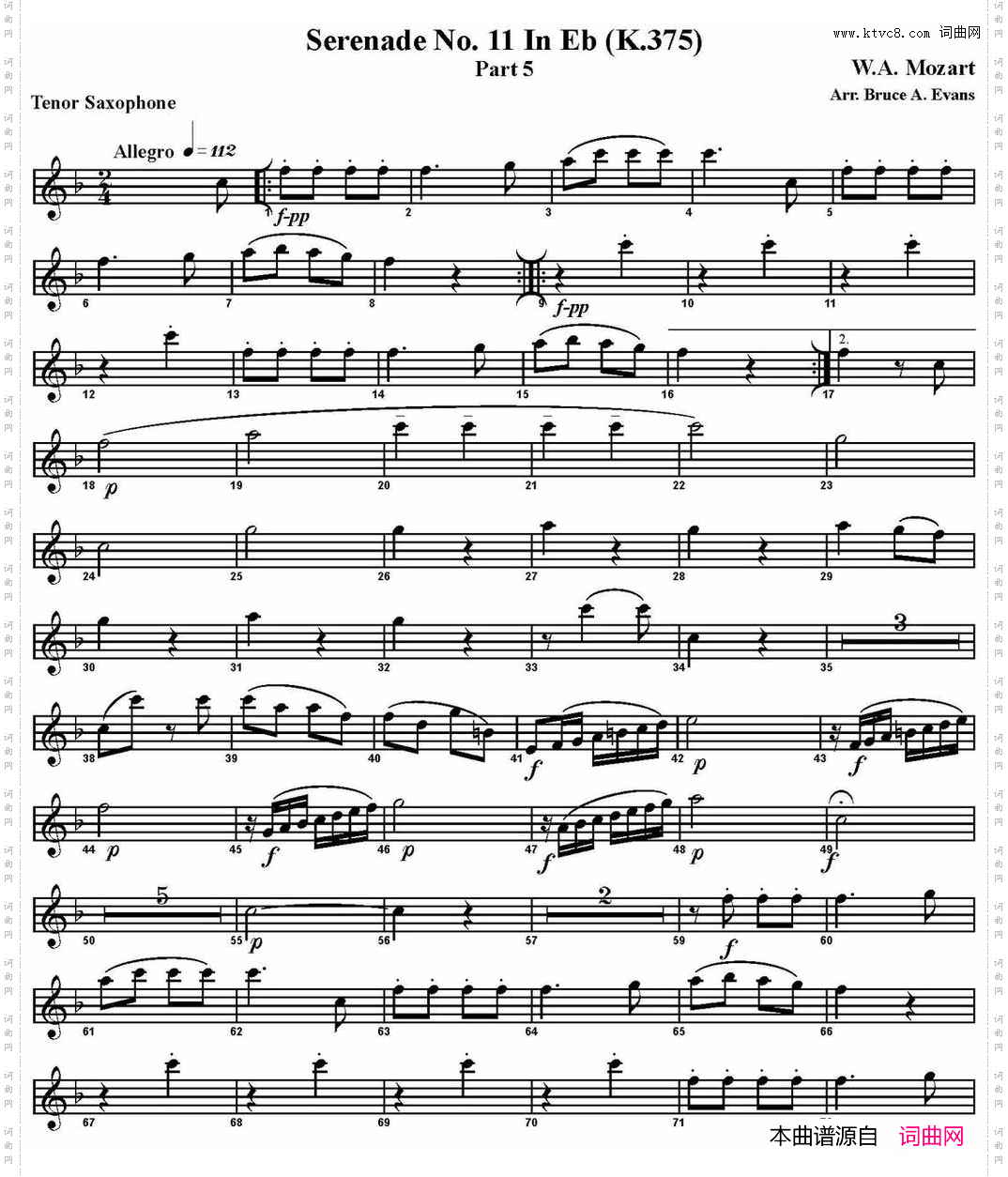 SERENADENo·11inEb，K·375Part5四重奏·次中音萨克斯分谱_SERENADE No·11 in Eb，K·375 Part 5四重奏·次中音萨克斯分谱