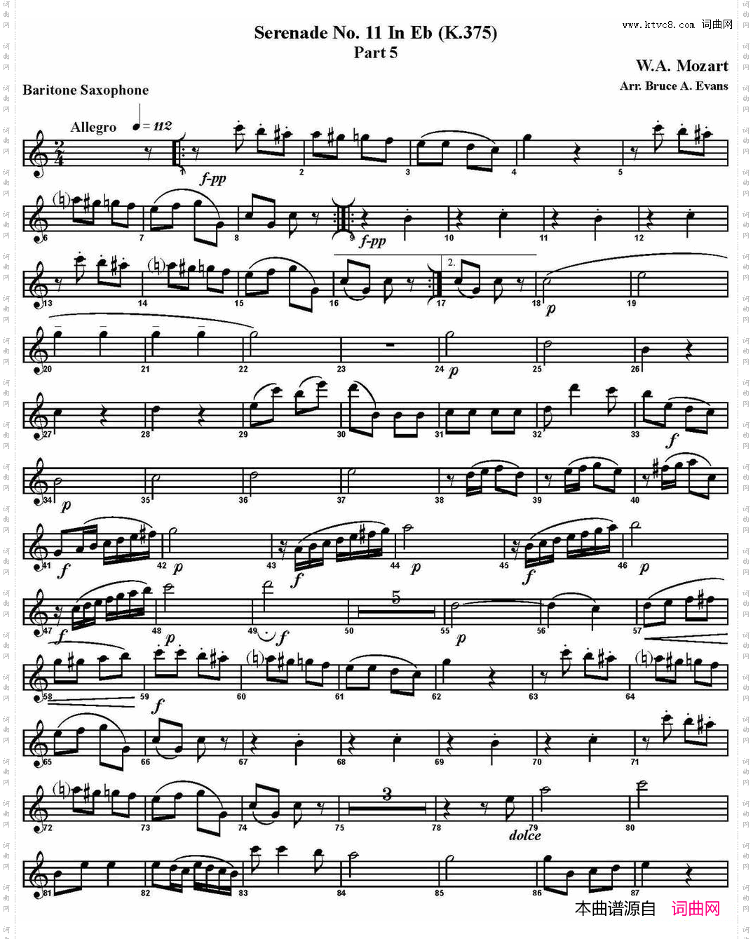 SERENADENo·11inEb，K·375Part5四重奏·上低音萨克斯分谱_SERENADE No·11 in Eb，K·375 Part 5四重奏·上低音萨克斯分谱