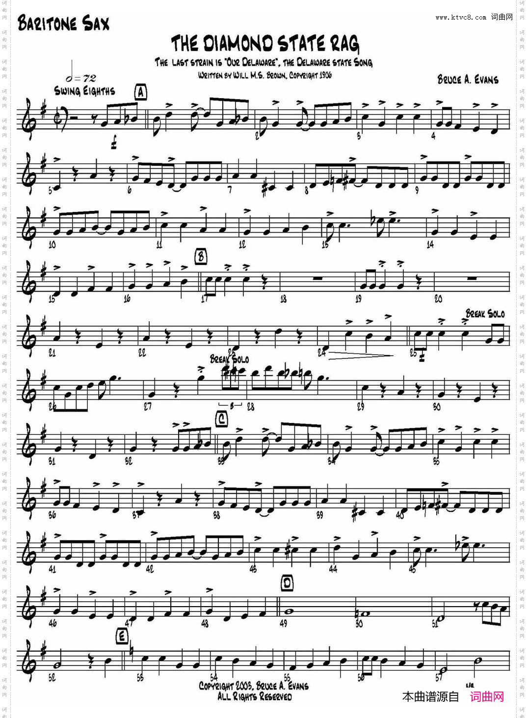 THEDIAMONDSTATERAG四重奏·上低音萨克斯分谱_THE DIAMOND STATE RAG四重奏·上低音萨克斯分谱