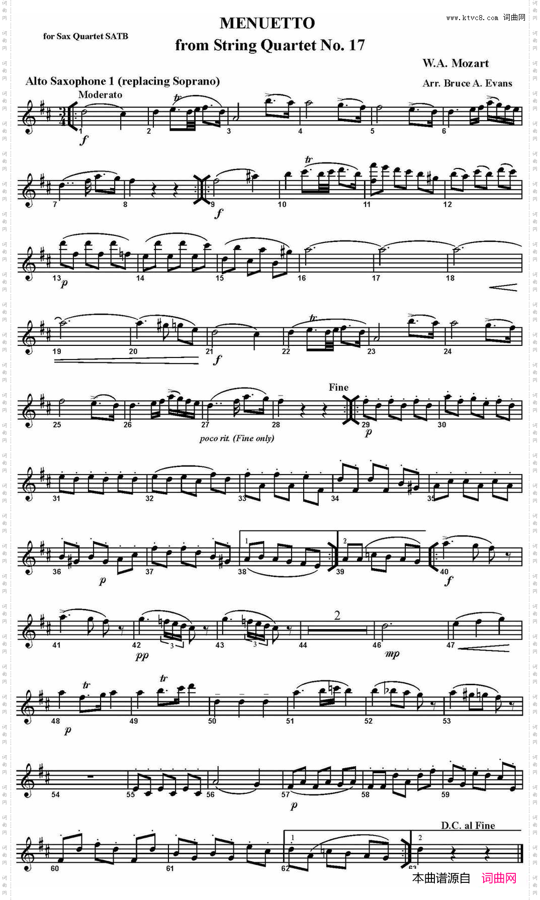 MENUETTOfromStringQuartetNo·17四重奏·中音萨克斯分谱_MENUETTO from String Quartet No·17四重奏·中音萨克斯分谱