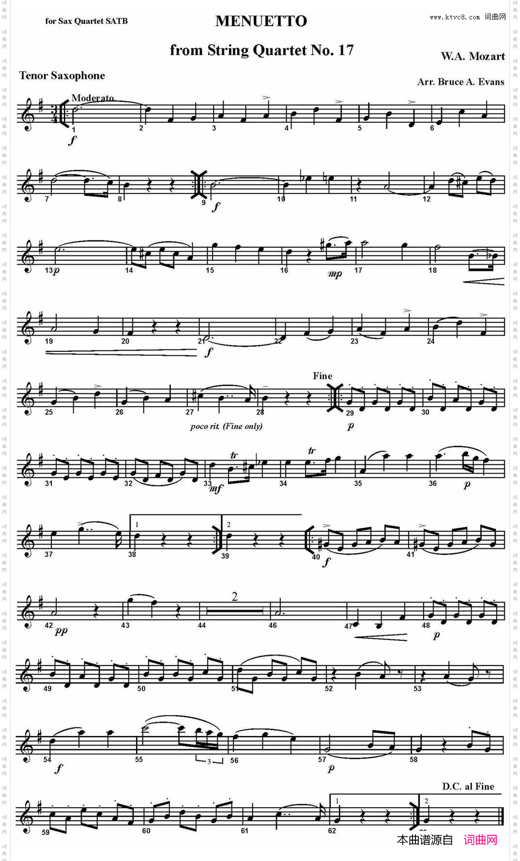 MENUETTOfromStringQuartetNo·17四重奏·次中音萨克斯分谱_MENUETTO from String Quartet No·17四重奏·次中音萨克斯分谱