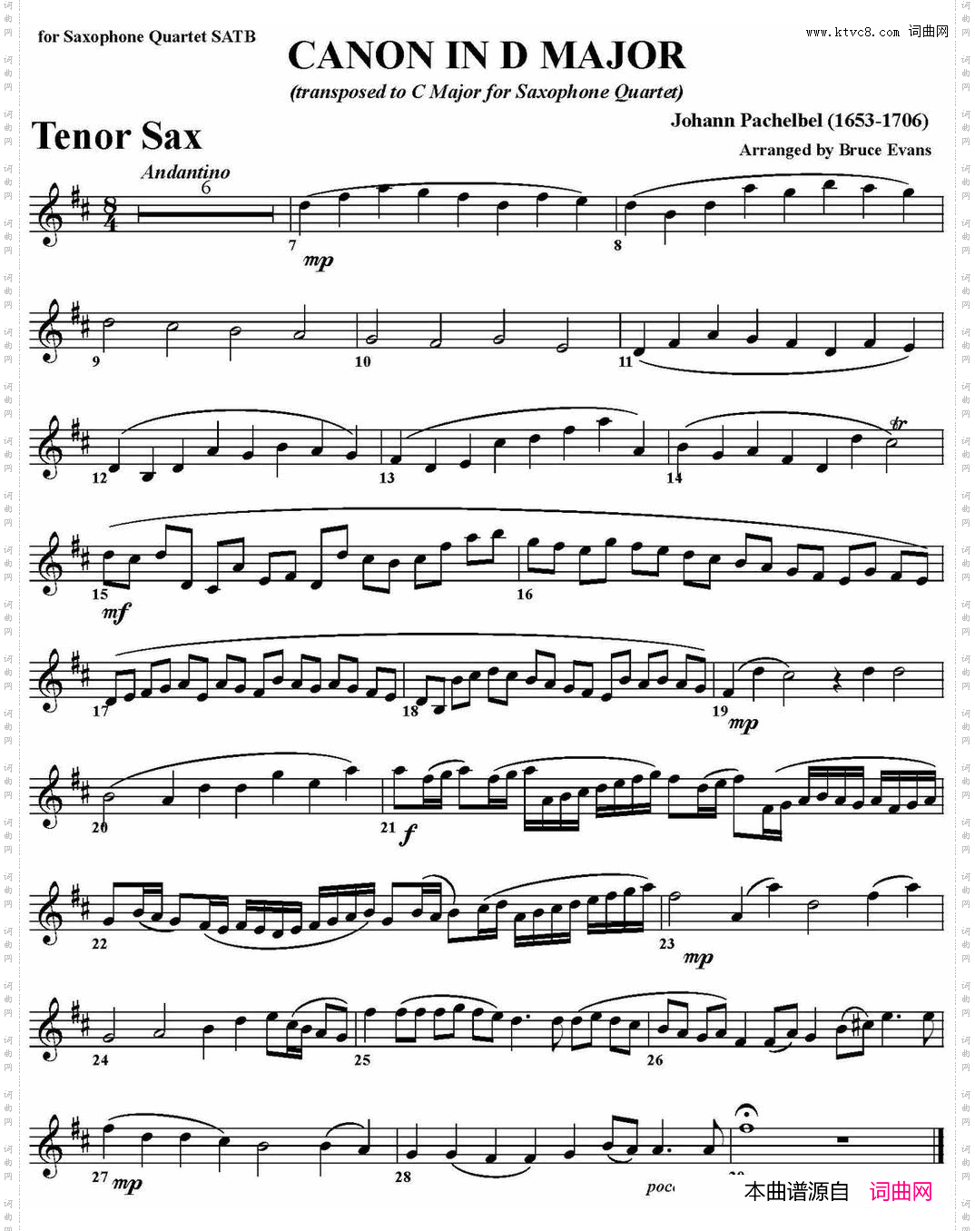 CANONINDMAJOR四重奏·次中音萨克斯分谱_CANON IN D MAJOR四重奏·次中音萨克斯分谱