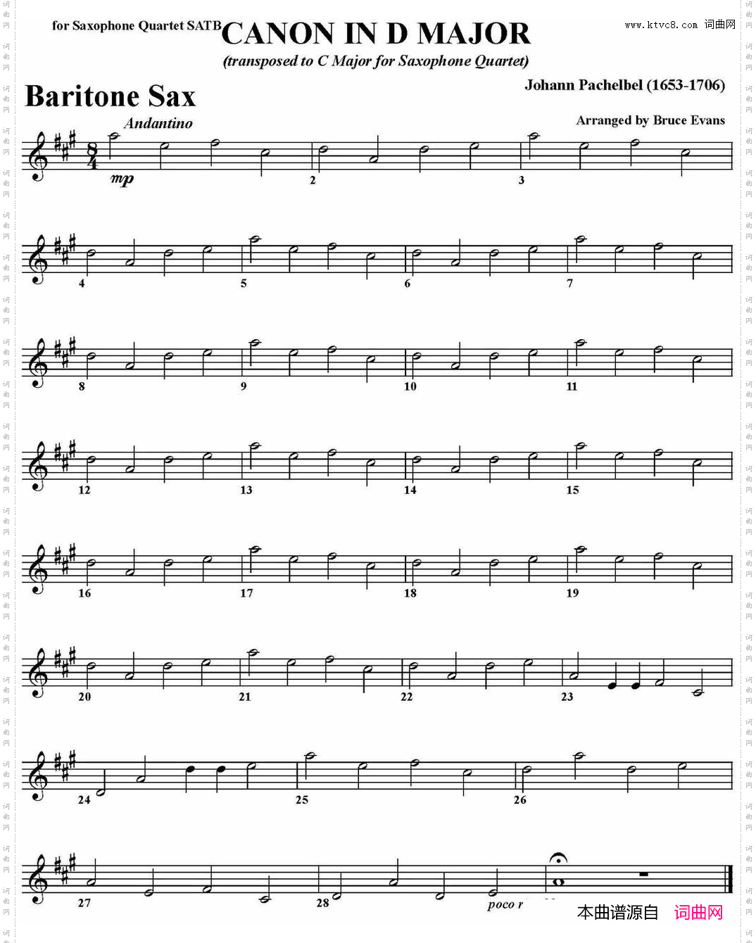 CANONINDMAJOR四重奏·上低音萨克斯分谱_CANON IN D MAJOR四重奏·上低音萨克斯分谱