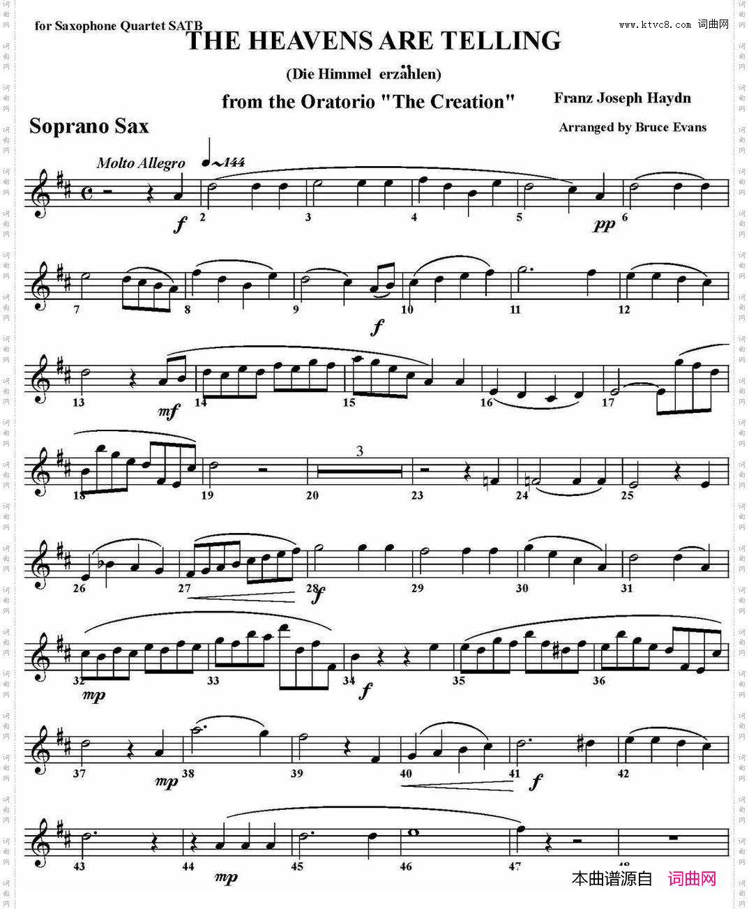 THEHEAVENSARETELLING四重奏·高音萨克斯分谱_THE HEAVENS ARE TELLING四重奏·高音萨克斯分谱