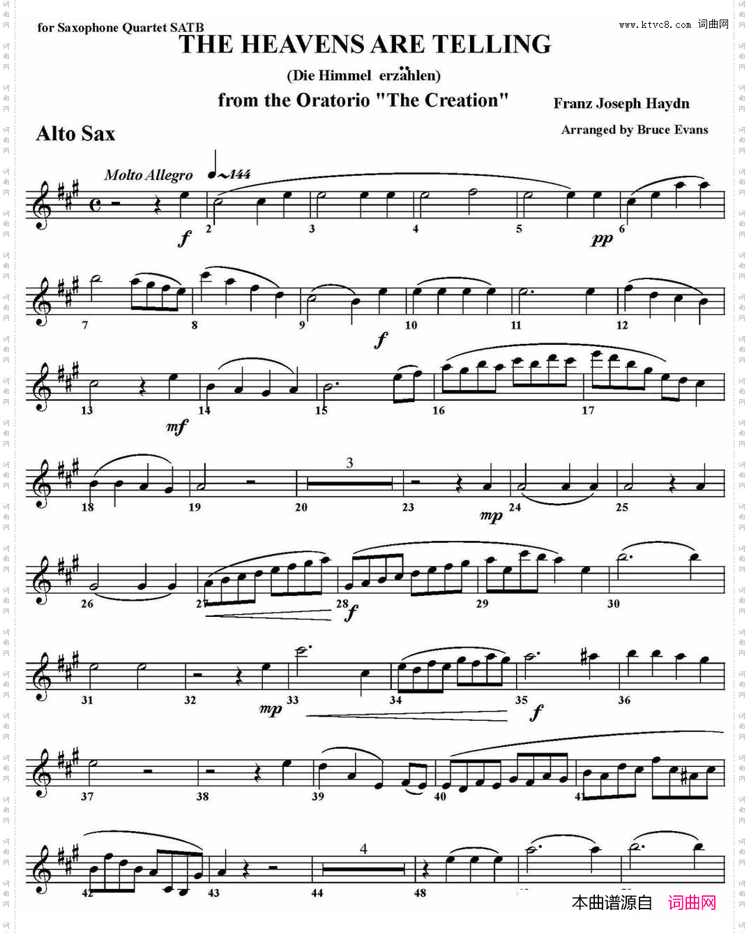 THEHEAVENSARETELLING四重奏·中音萨克斯分谱_THE HEAVENS ARE TELLING四重奏·中音萨克斯分谱