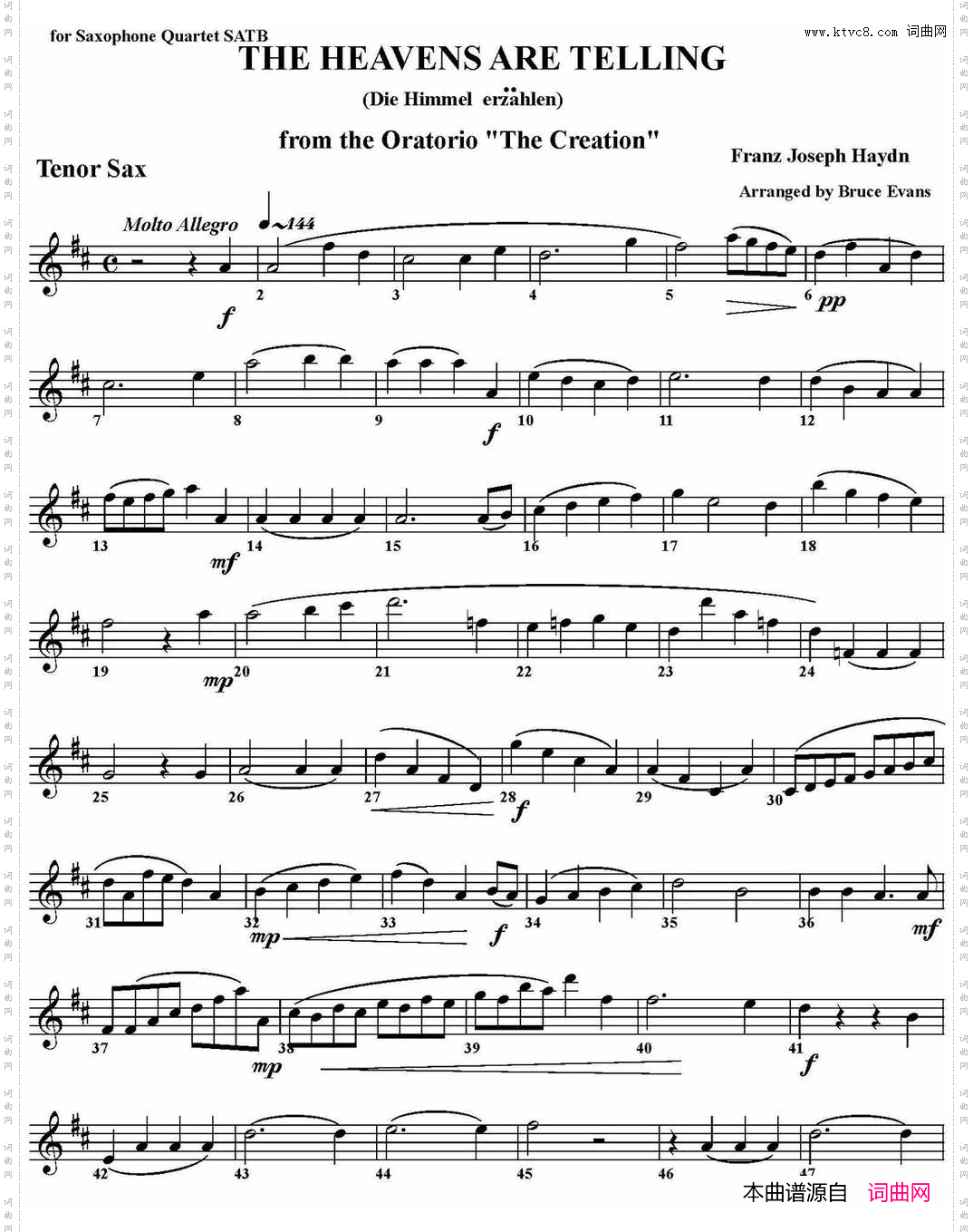 THEHEAVENSARETELLING四重奏·次中音萨克斯分谱_THE HEAVENS ARE TELLING四重奏·次中音萨克斯分谱