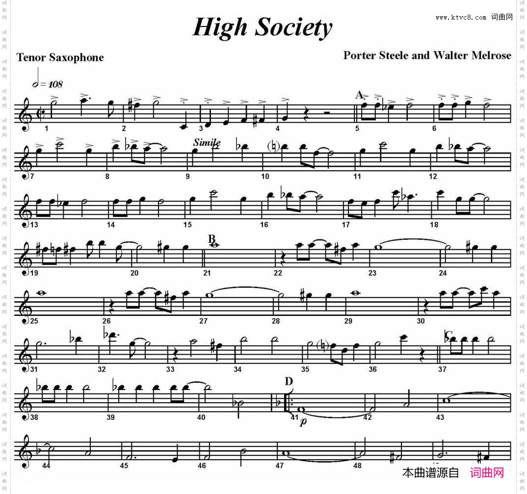 HighSociety四重奏·次中音萨克斯分谱_High Society四重奏·次中音萨克斯分谱