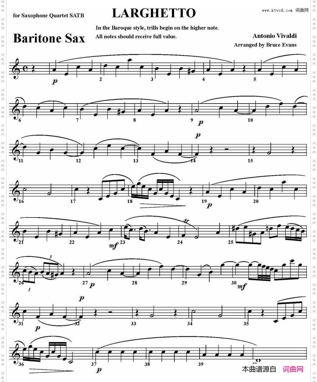 LARGHETTO四重奏·上低音萨克斯分谱