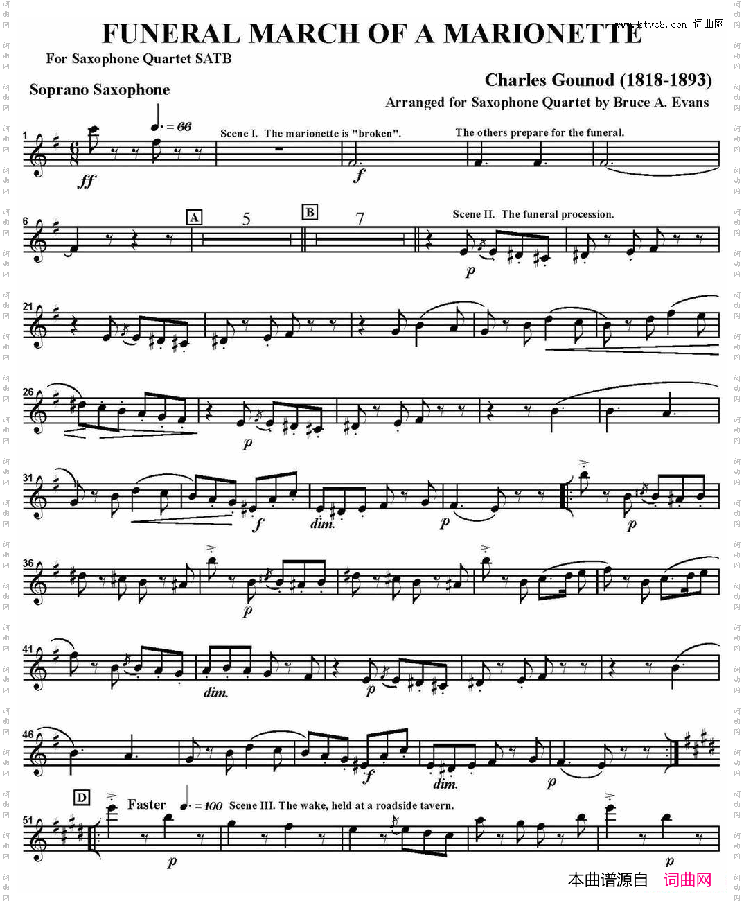 FUNERALMARCHOFAMARIONETTE四重奏·高音萨克斯分谱_FUNERAL MARCH OF A MARIONETTE四重奏·高音萨克斯分谱