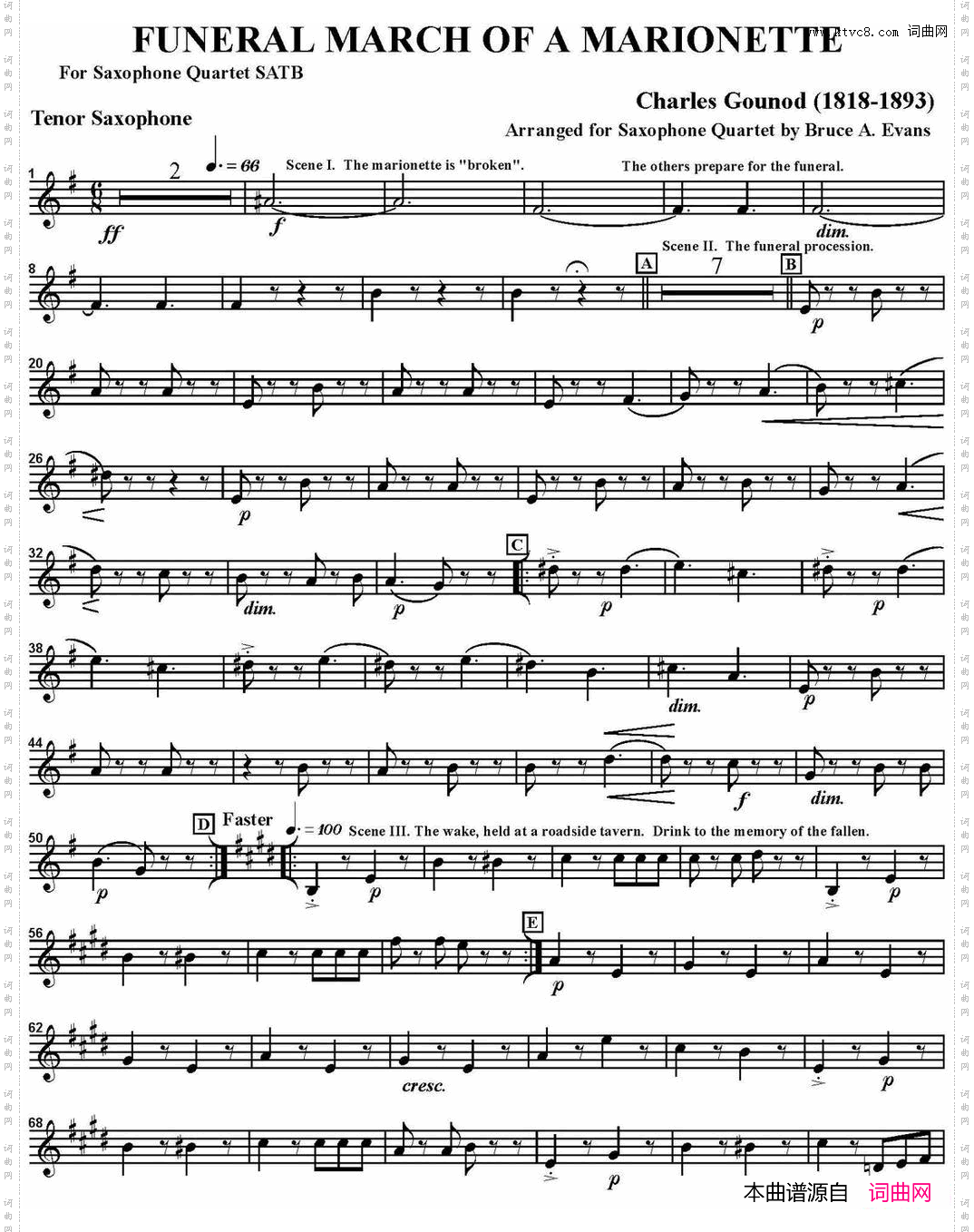 FUNERALMARCHOFAMARIONETTE四重奏·次中音萨克斯分谱_FUNERAL MARCH OF A MARIONETTE四重奏·次中音萨克斯分谱